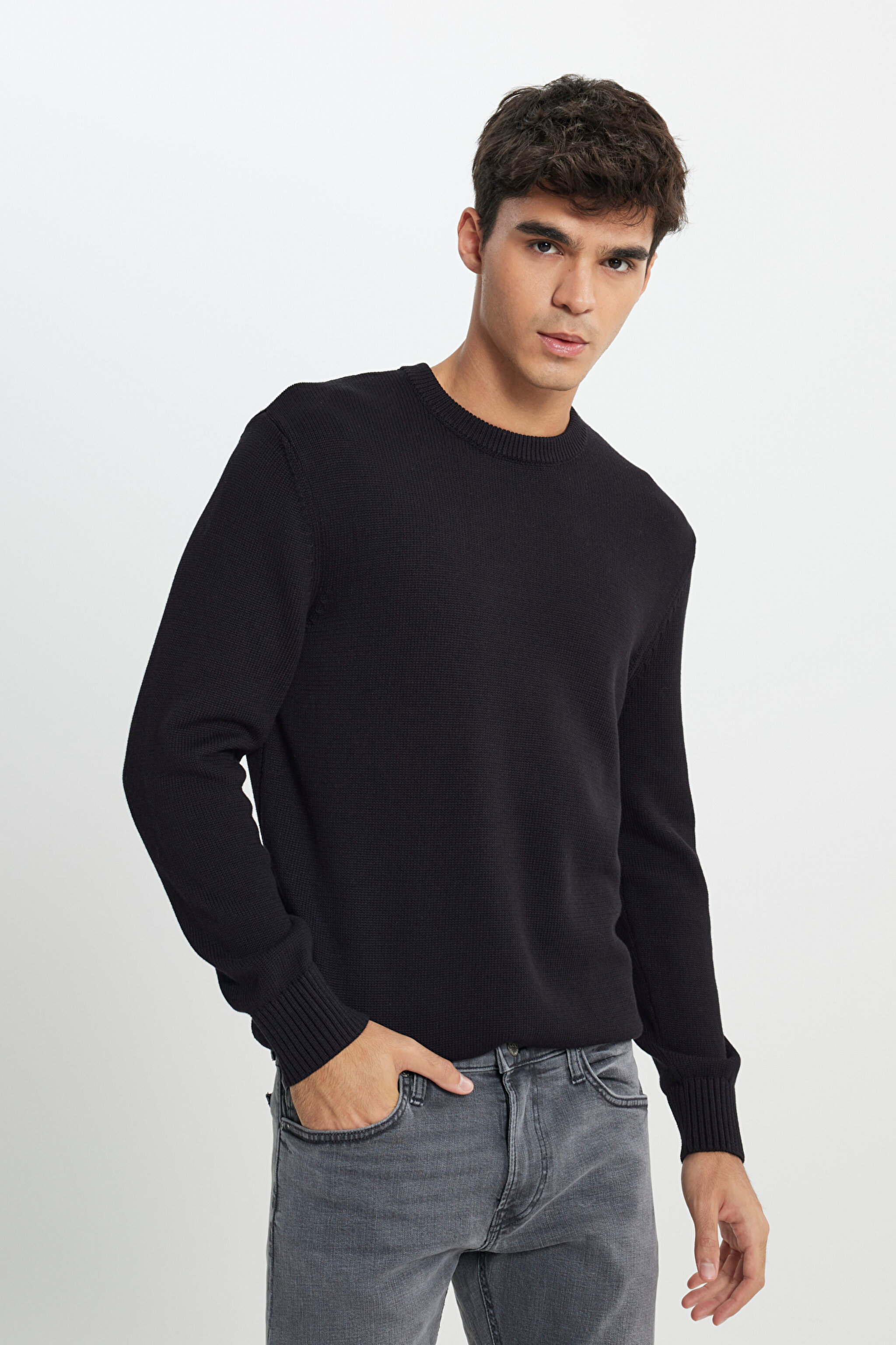 Regular Fit Normal Kesim Bisiklet Yaka Siyah Triko - Black-L242474001