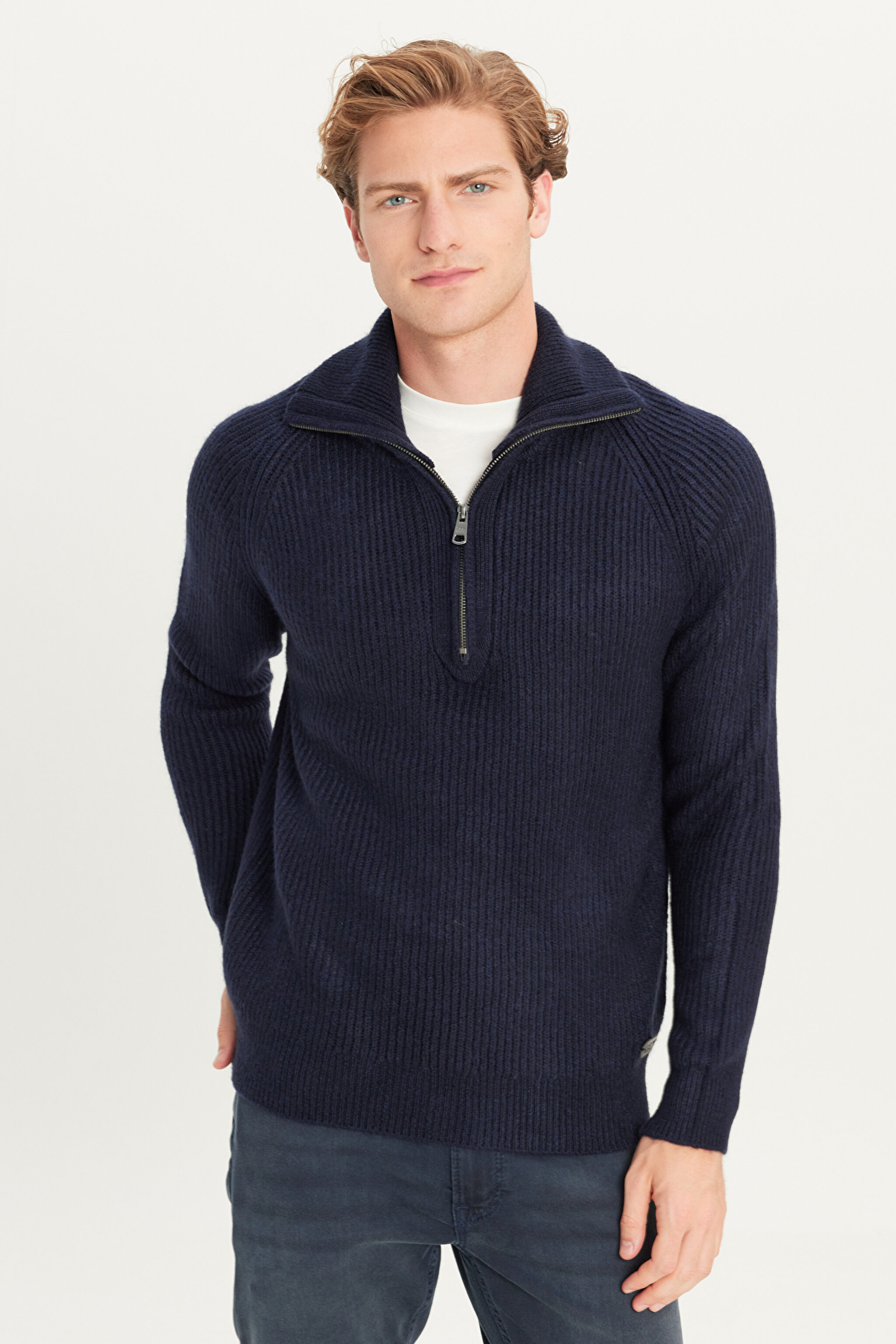 Regular Fit Normal Kesim Fermuar Detaylı Lacivert Triko Kazak - Navy-L242496410