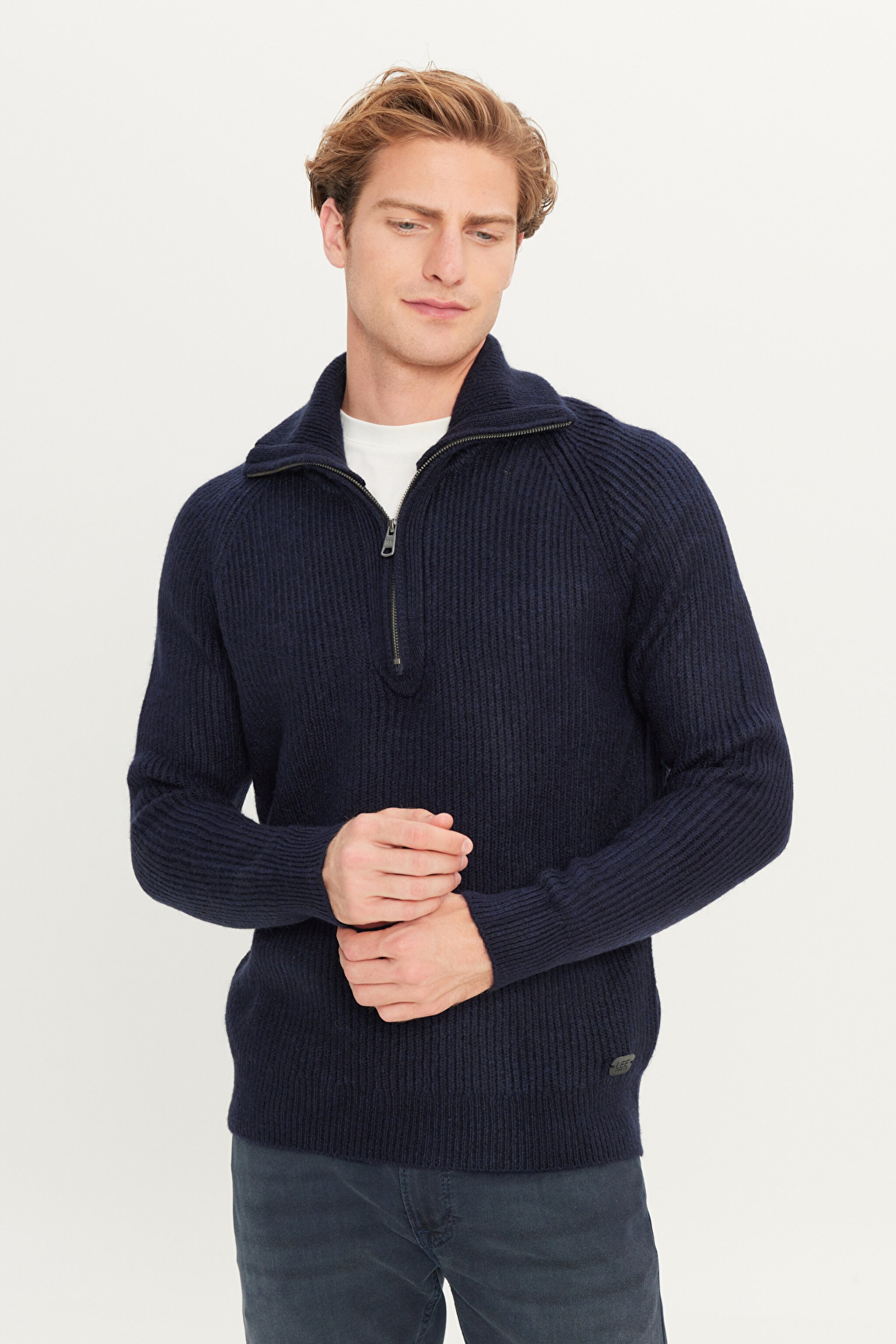 Regular Fit Normal Kesim Fermuar Detaylı Lacivert Triko Kazak - Navy-L242496410 (görsel 2)