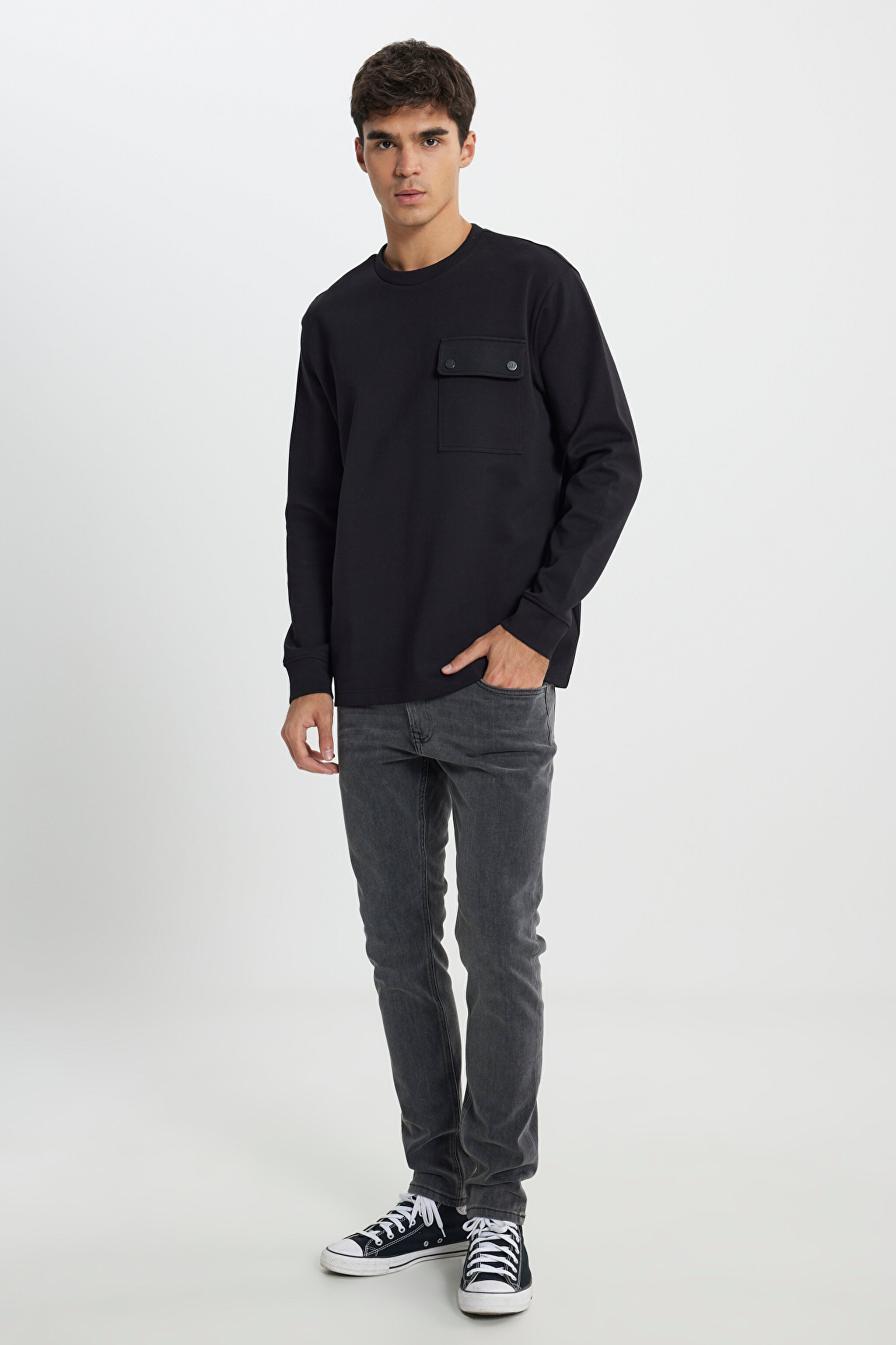 Relaxed Fit Geniş Kesim Bisiklet Yaka Siyah Sweatshirt - Black-L242498001 (görsel 3)