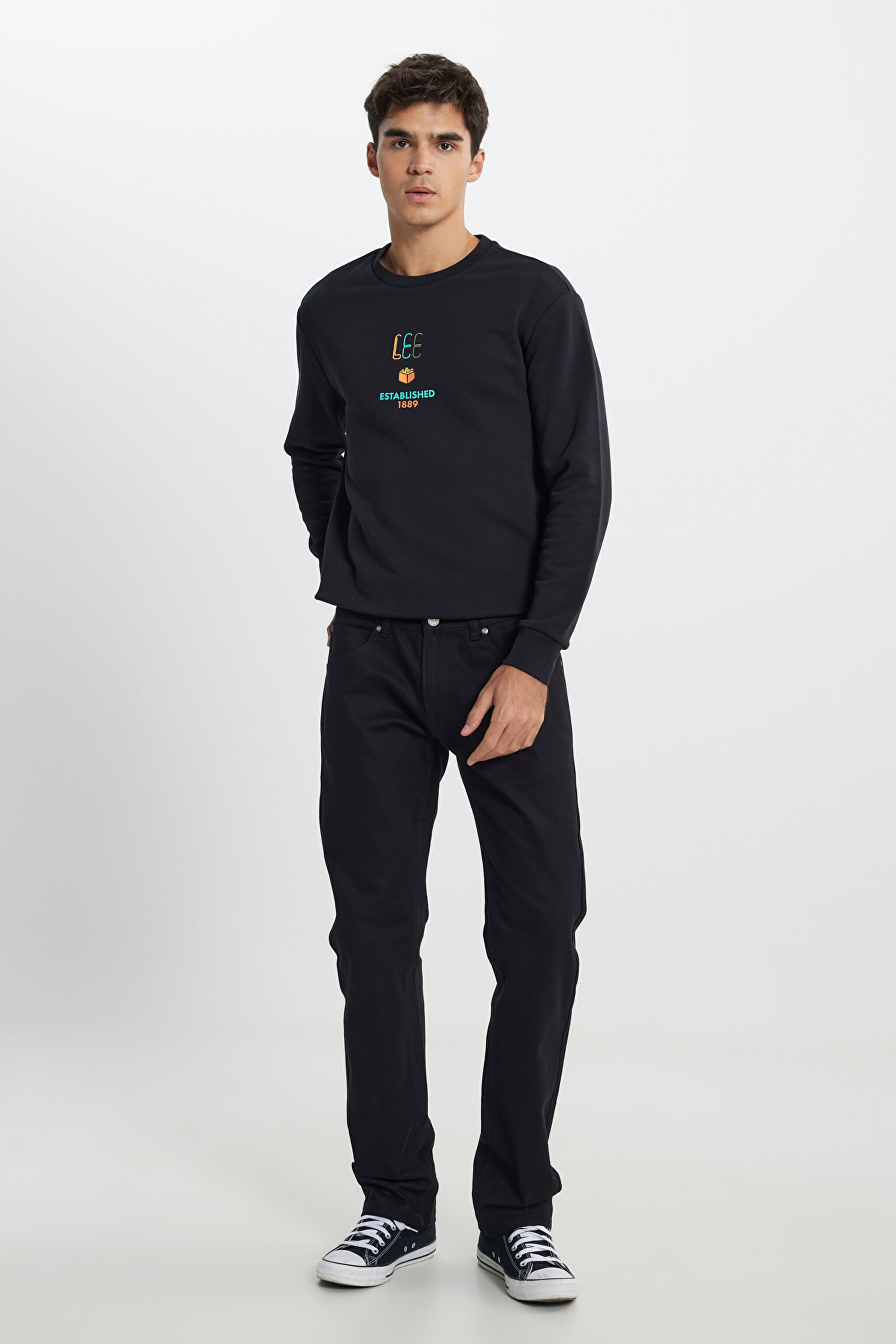 Regular Fit Normal Kesim Bisiklet Yaka Siyah Sweatshirt - Black-L242504001 (görsel 2)