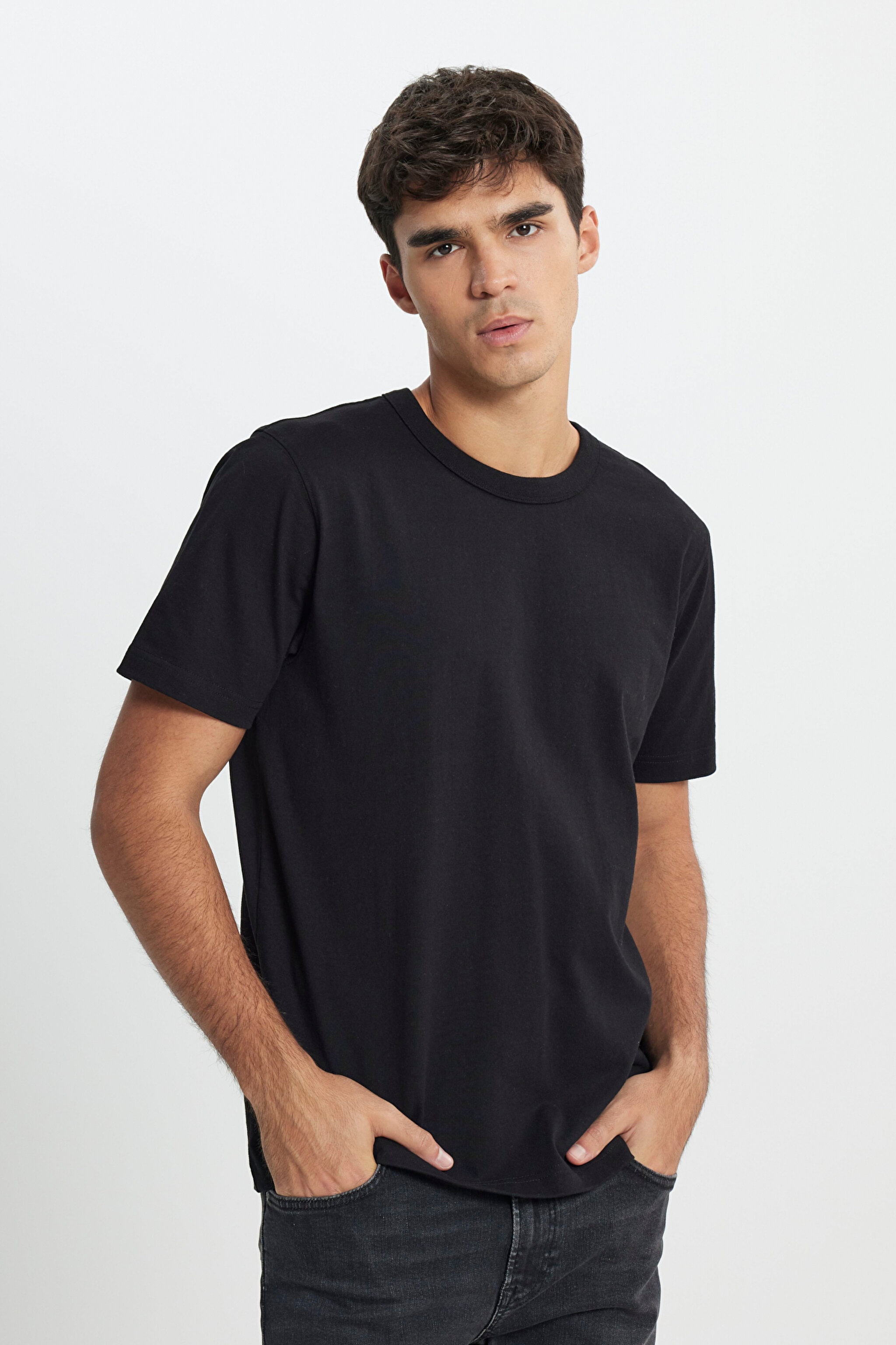Regular Fit Normal Kesim Bisiklet Yaka %100 Pamuk Siyah Tişört - Black-L242526001 (görsel 2)