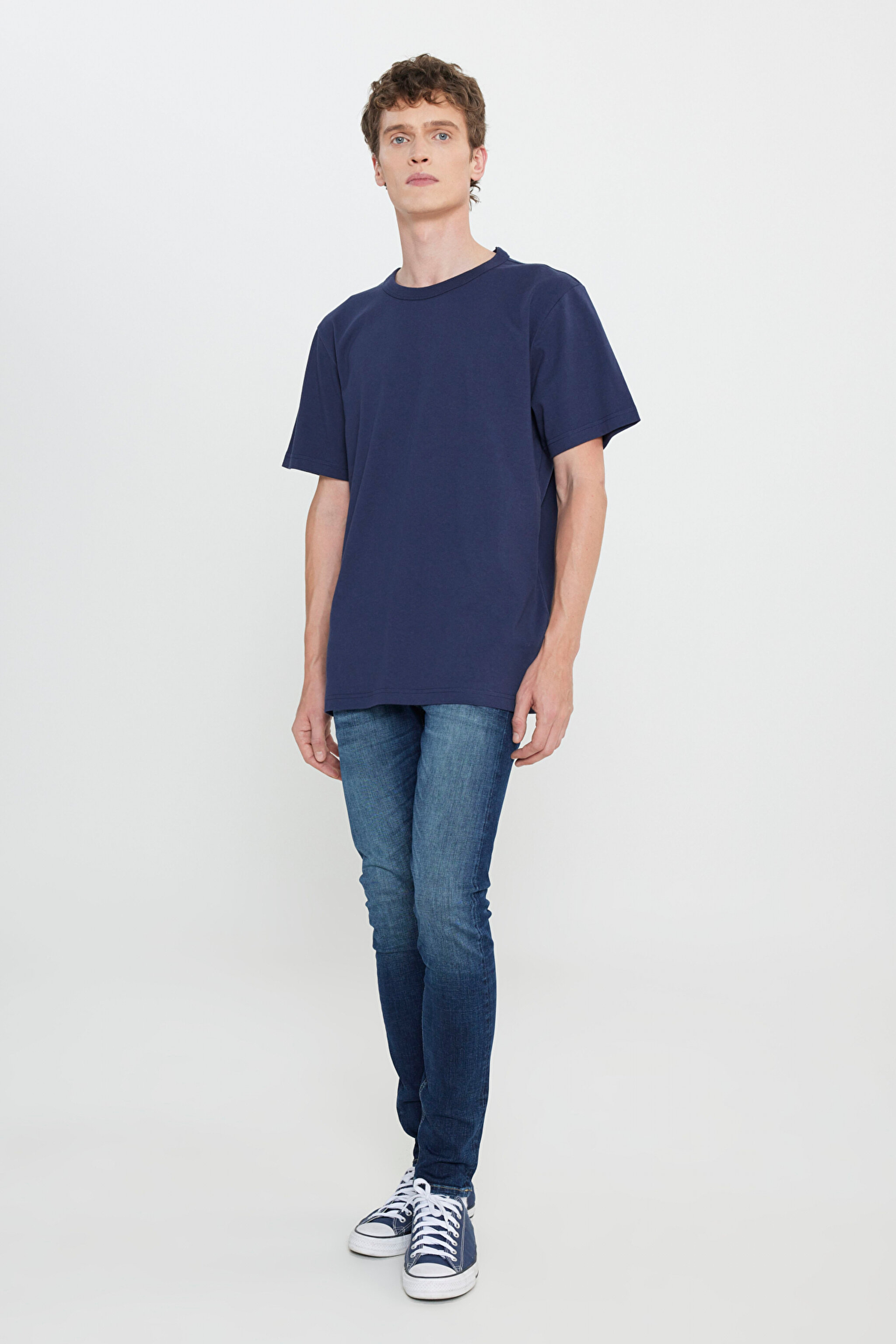 Regular Fit Normal Kesim Bisiklet Yaka %100 Pamuk Lacivert Tişört - Navy-L242526410 (görsel 3)