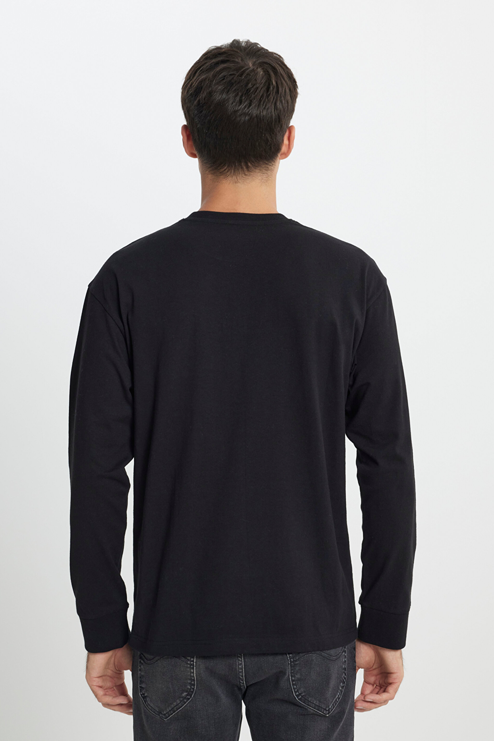 Loose Fit Rahat Kesim Bisiklet Yaka %100 Pamuk Siyah Uzun Kollu Tişört - Black-L242528001 (görsel 5)