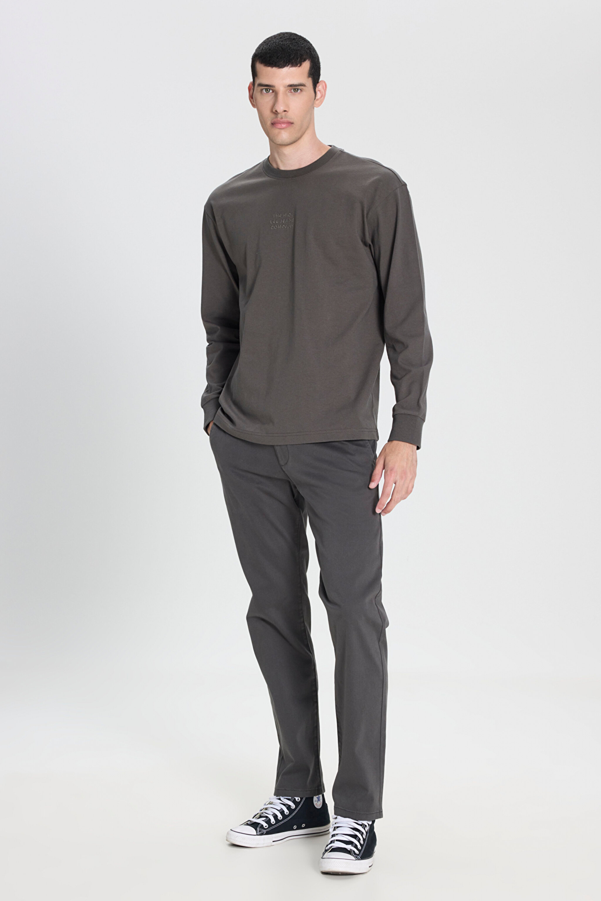 Loose Fit Rahat Kesim Bisiklet Yaka %100 Pamuk Antrasit Uzun Kollu Tişört - Anthracite-L242528003 (görsel 4)