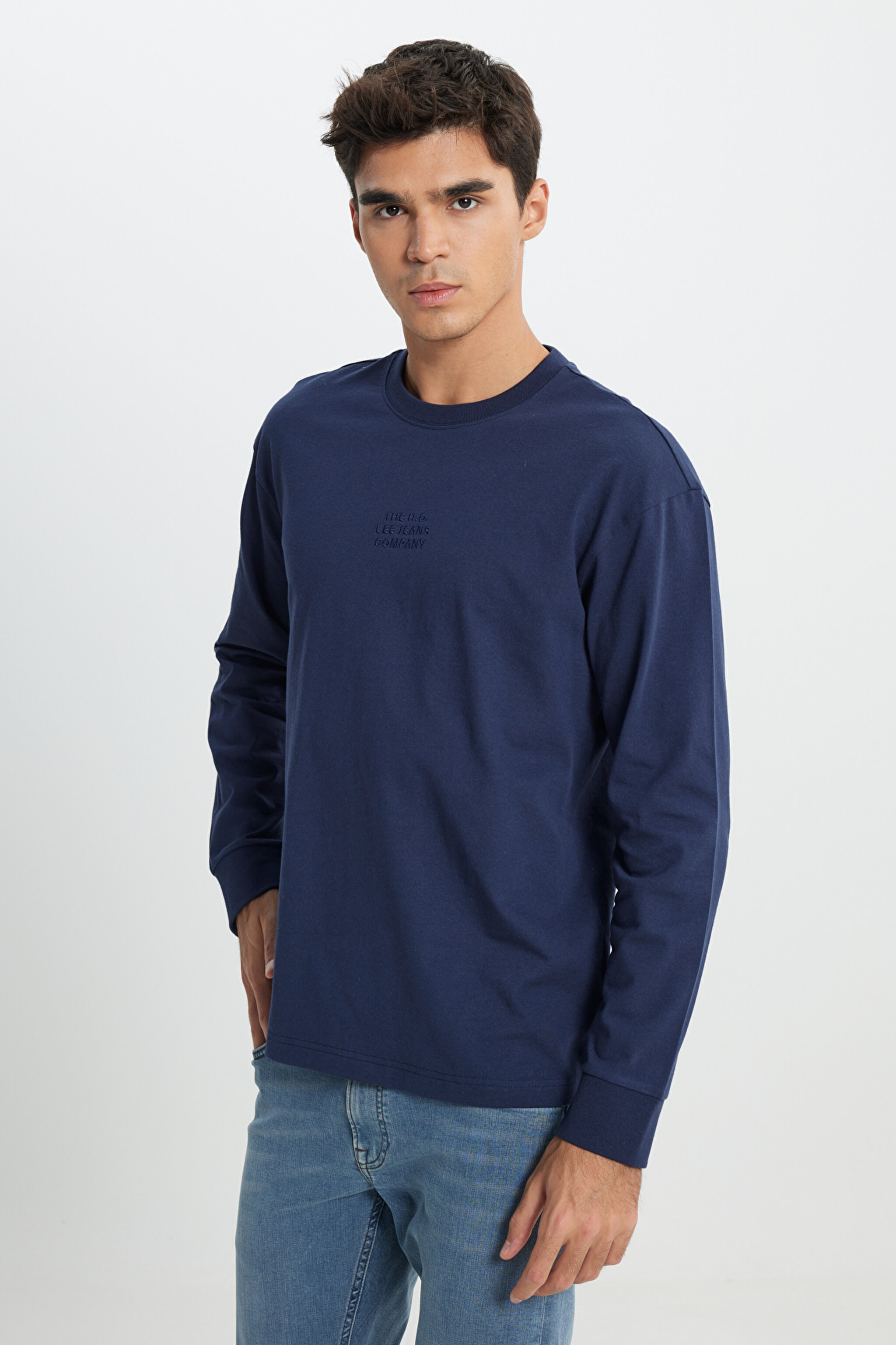 Loose Fit Rahat Kesim Bisiklet Yaka %100 Pamuk Lacivert Uzun Kollu Tişört - Navy-L242528410 (görsel 2)