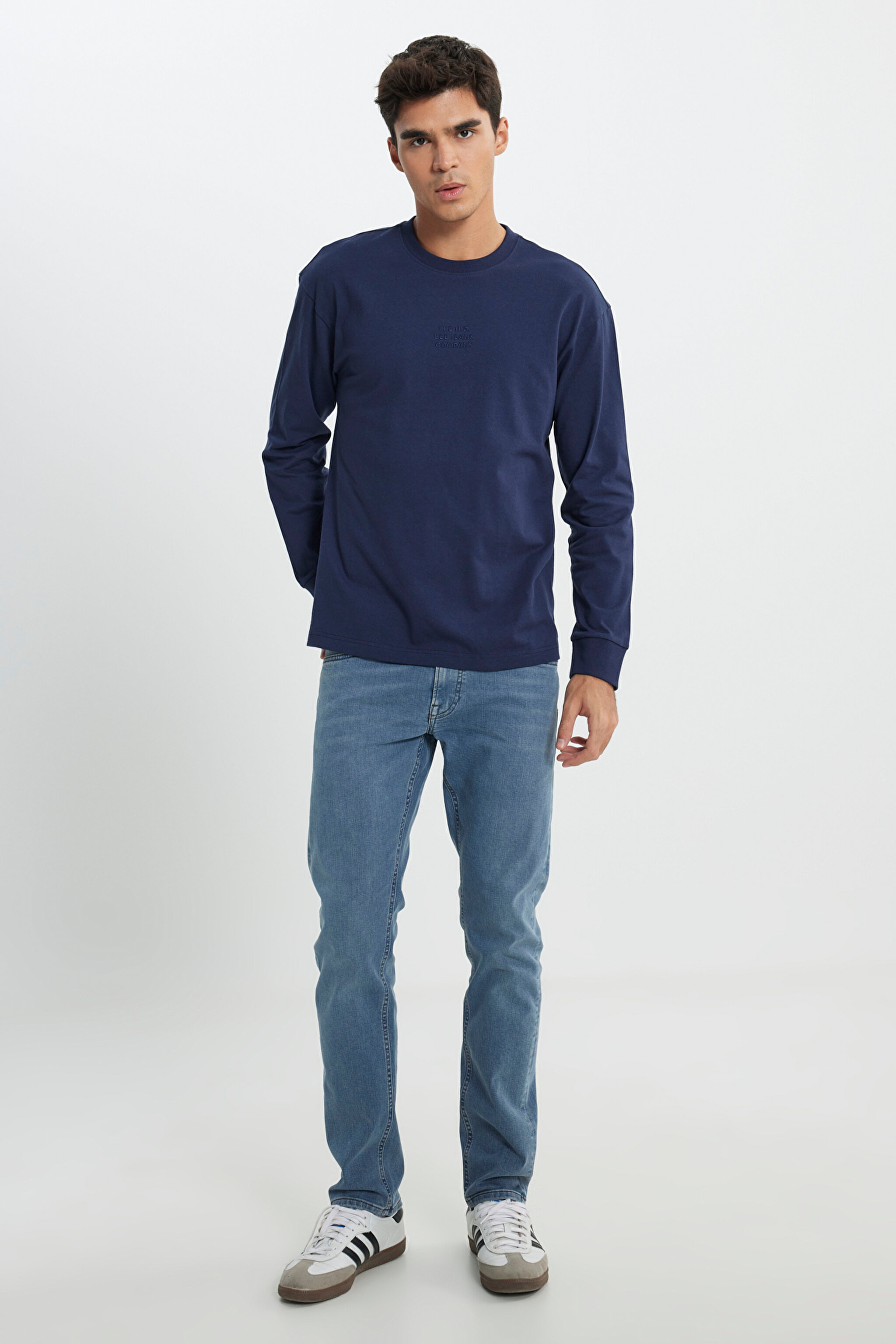 Loose Fit Rahat Kesim Bisiklet Yaka %100 Pamuk Lacivert Uzun Kollu Tişört - Navy-L242528410 (görsel 3)