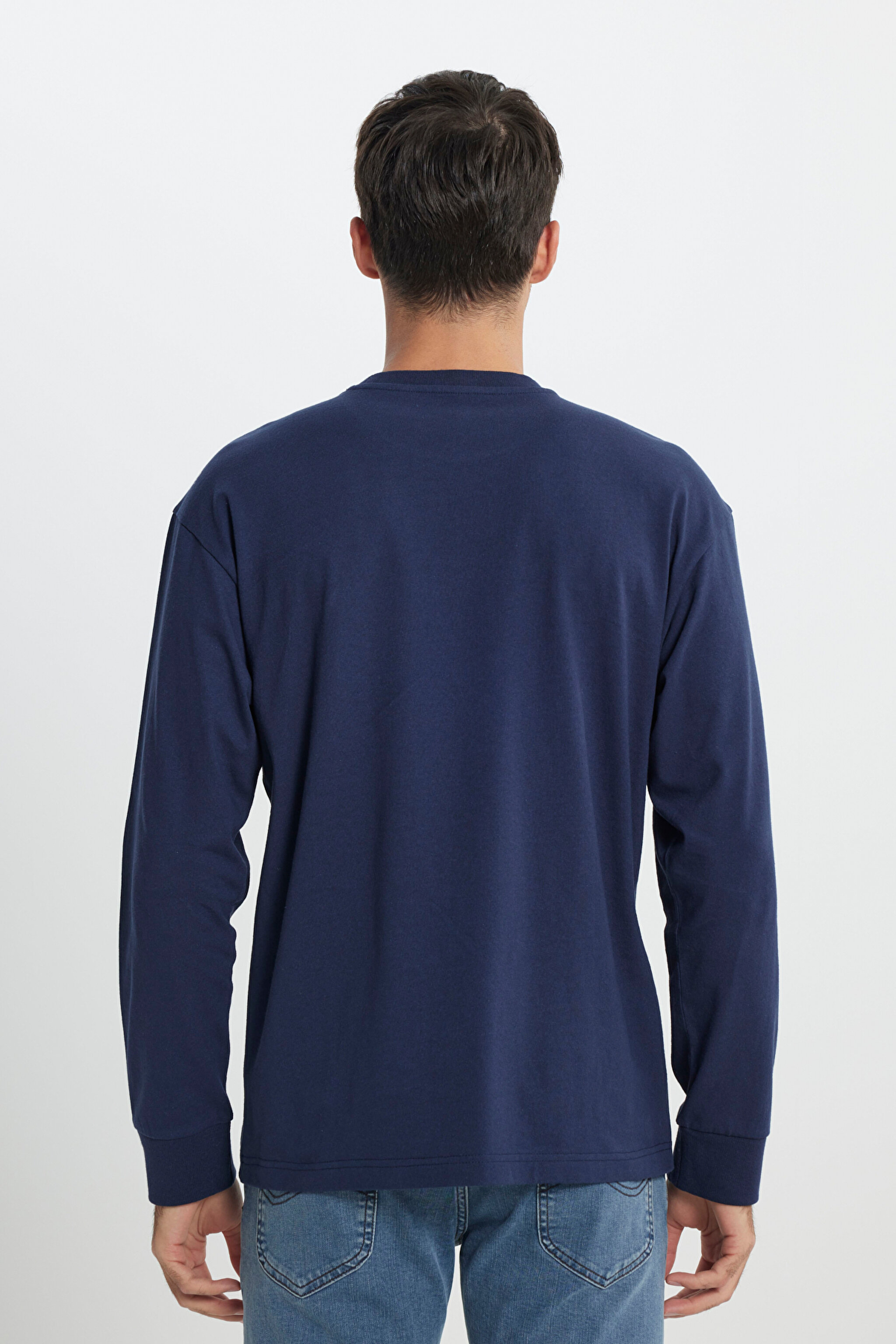 Loose Fit Rahat Kesim Bisiklet Yaka %100 Pamuk Lacivert Uzun Kollu Tişört - Navy-L242528410 (görsel 5)