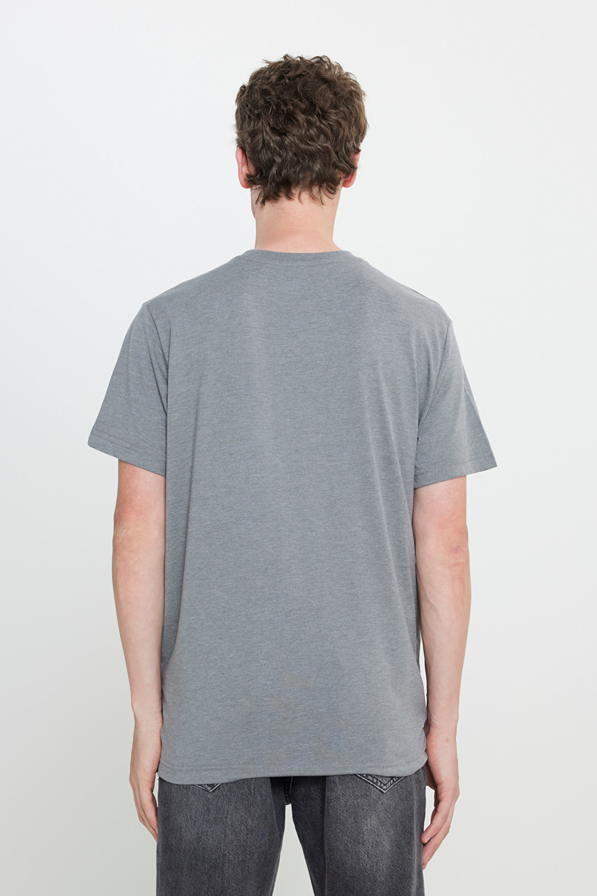 Regular Fit Normal Kesim Bisiklet Yaka Gri Melanj Tişört - Graphite-L242540B86 (görsel 5)