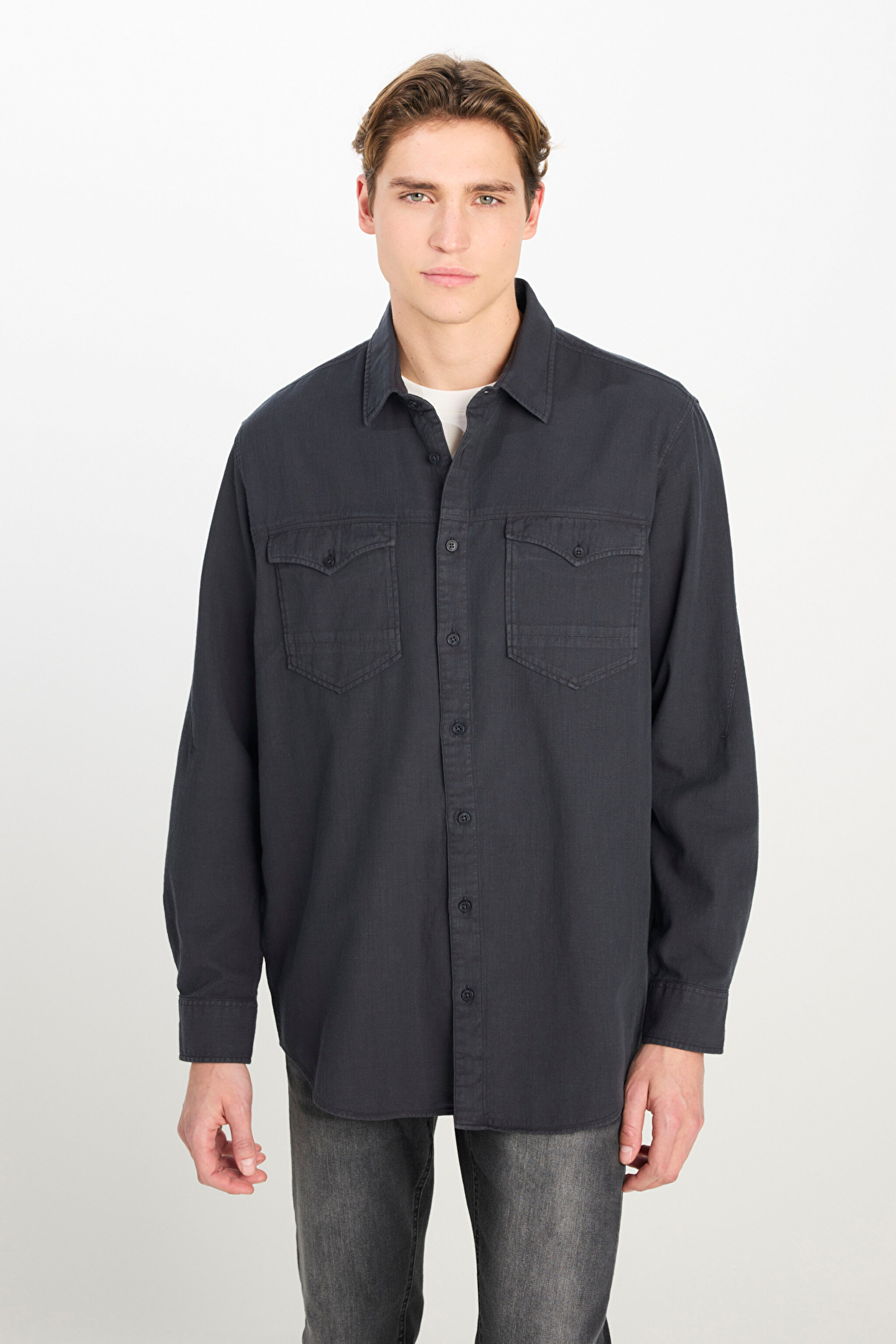 Regular Fit Normal Kesim %100 Pamuk Gömlek Ceket - Anthracite-L242546003