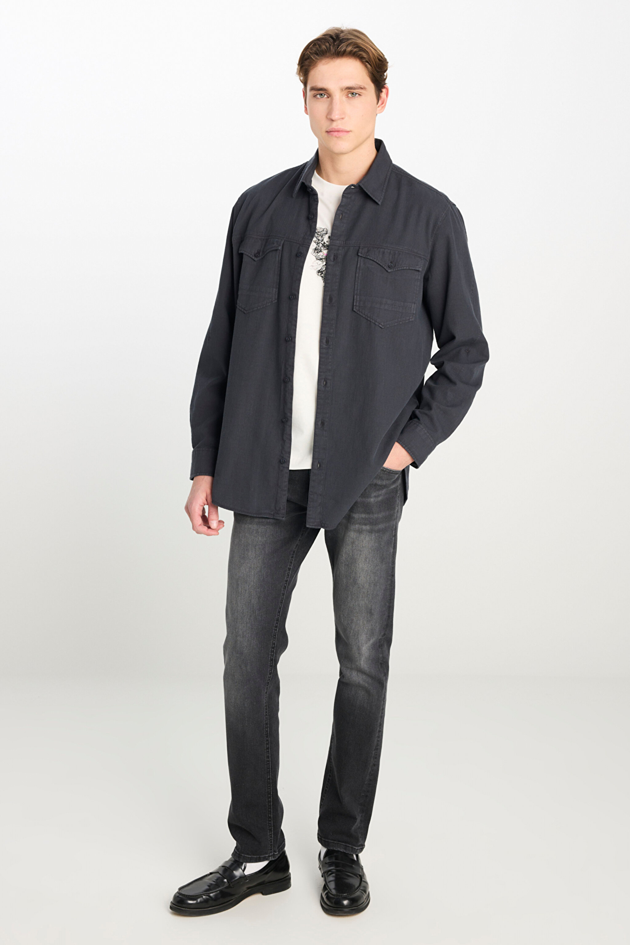 Regular Fit Normal Kesim %100 Pamuk Gömlek Ceket - Anthracite-L242546003 (görsel 3)