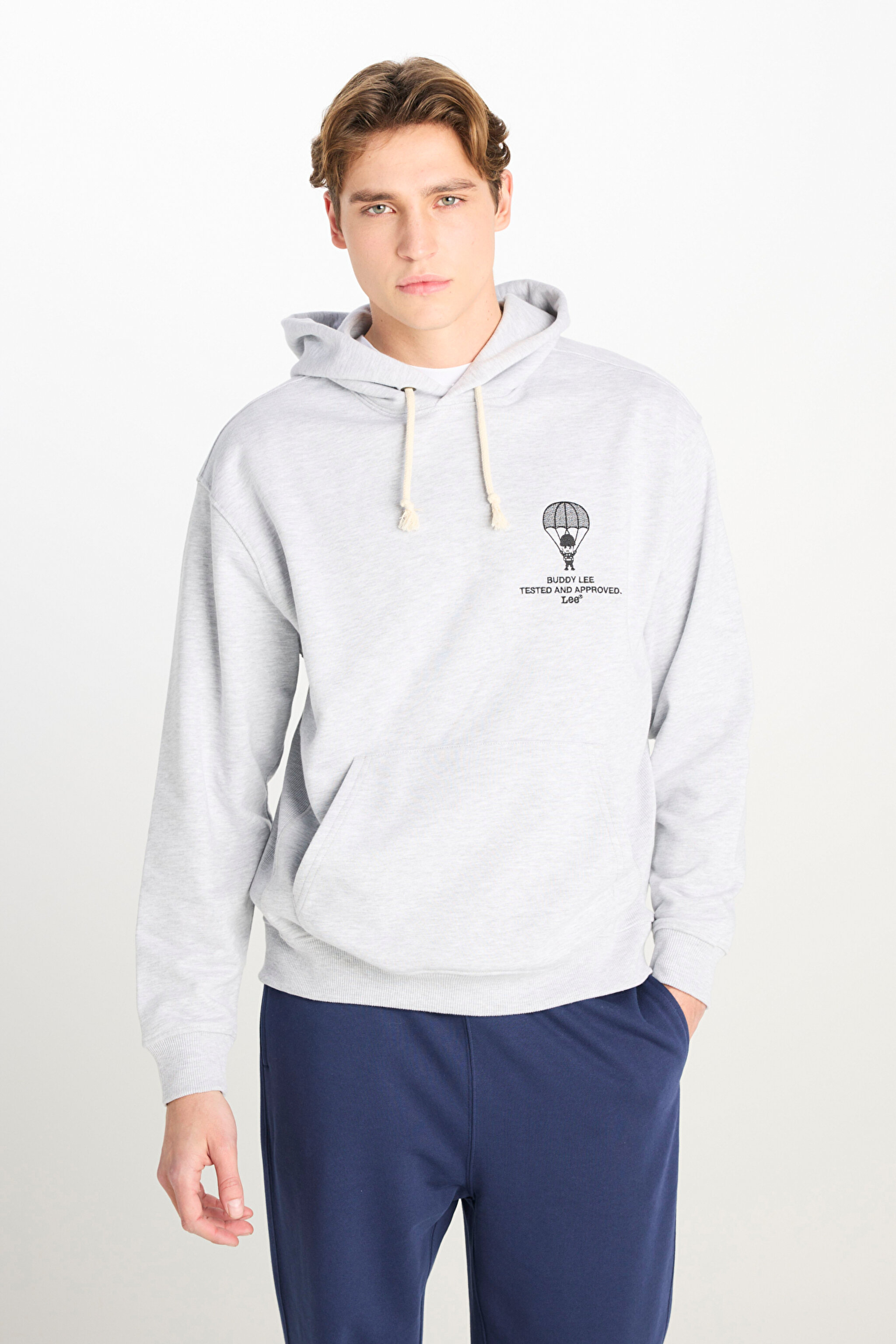 Loose Fit Rahat Kesim Kapüşonlu Gri Melanj Sweatshirt