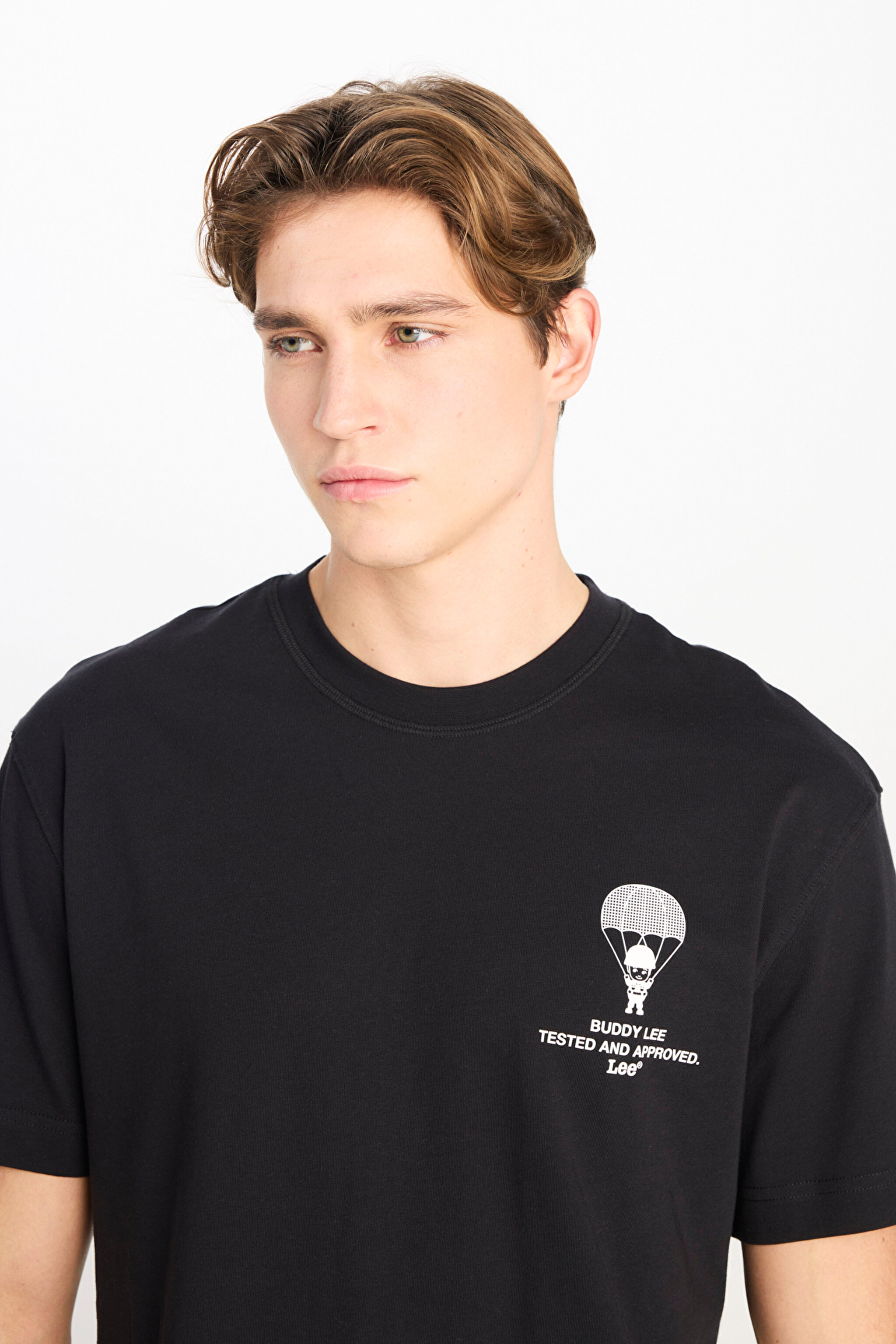 %100 Pamuk Relaxed Fit Geniş Kesim Bisiklet Yaka Siyah Tişört - Black-L2510086001 (görsel 4)