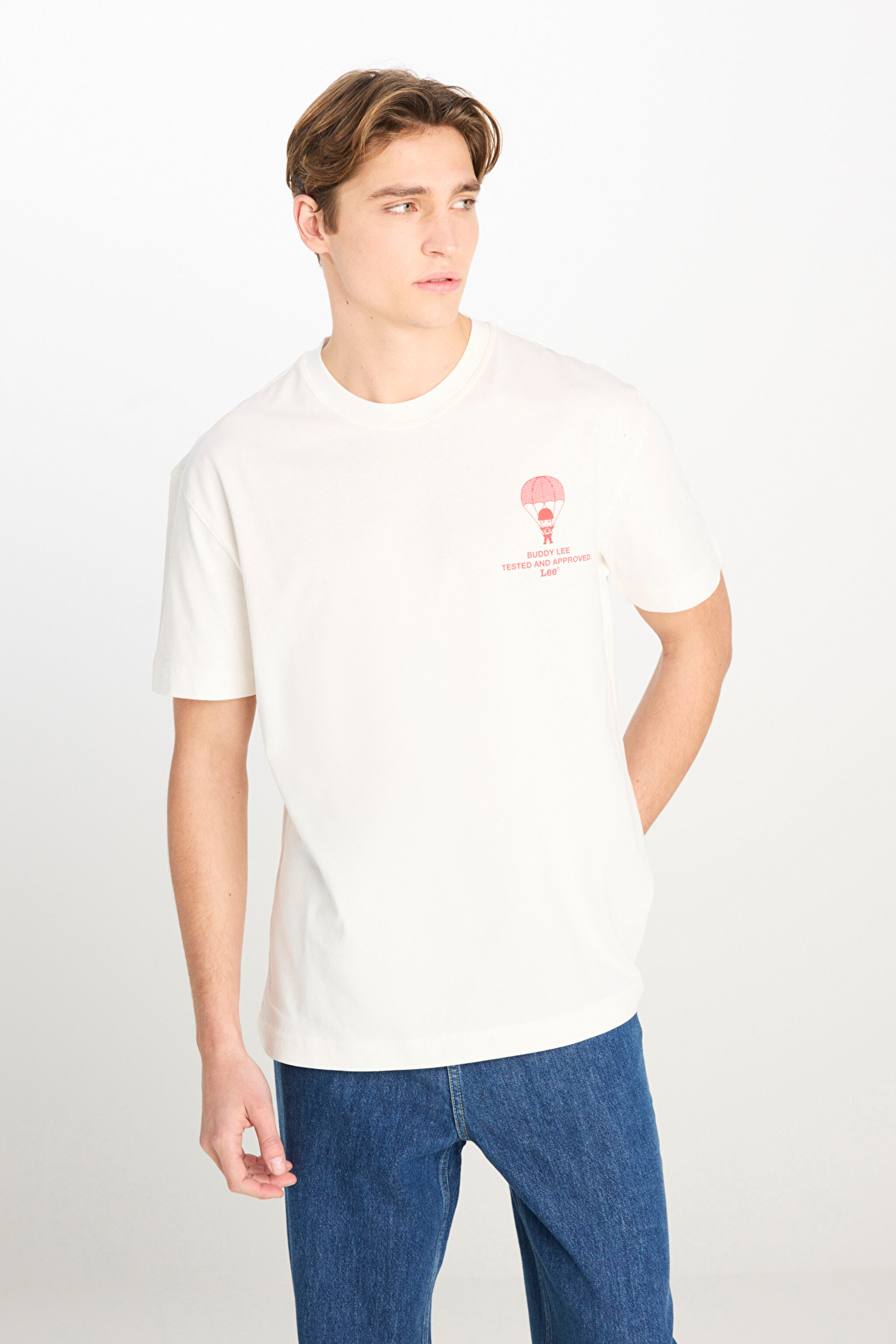 %100 Pamuk Relaxed Fit Geniş Kesim Bisiklet Yaka Beyaz Tişört - White-L2510086100 (görsel 2)