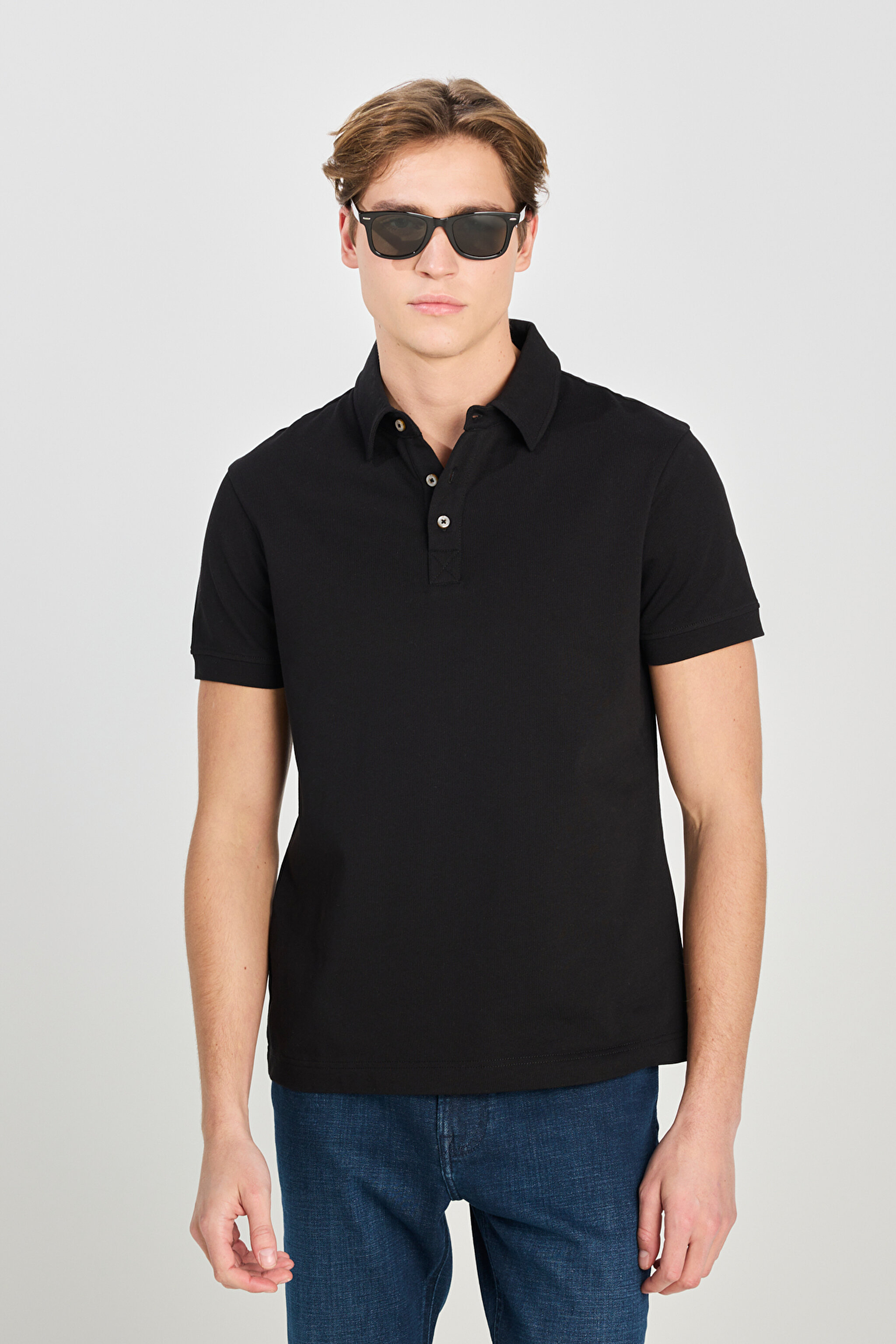 %100 Pamuk Regular Fit Normal Kesim Siyah Polo Yaka Tişört