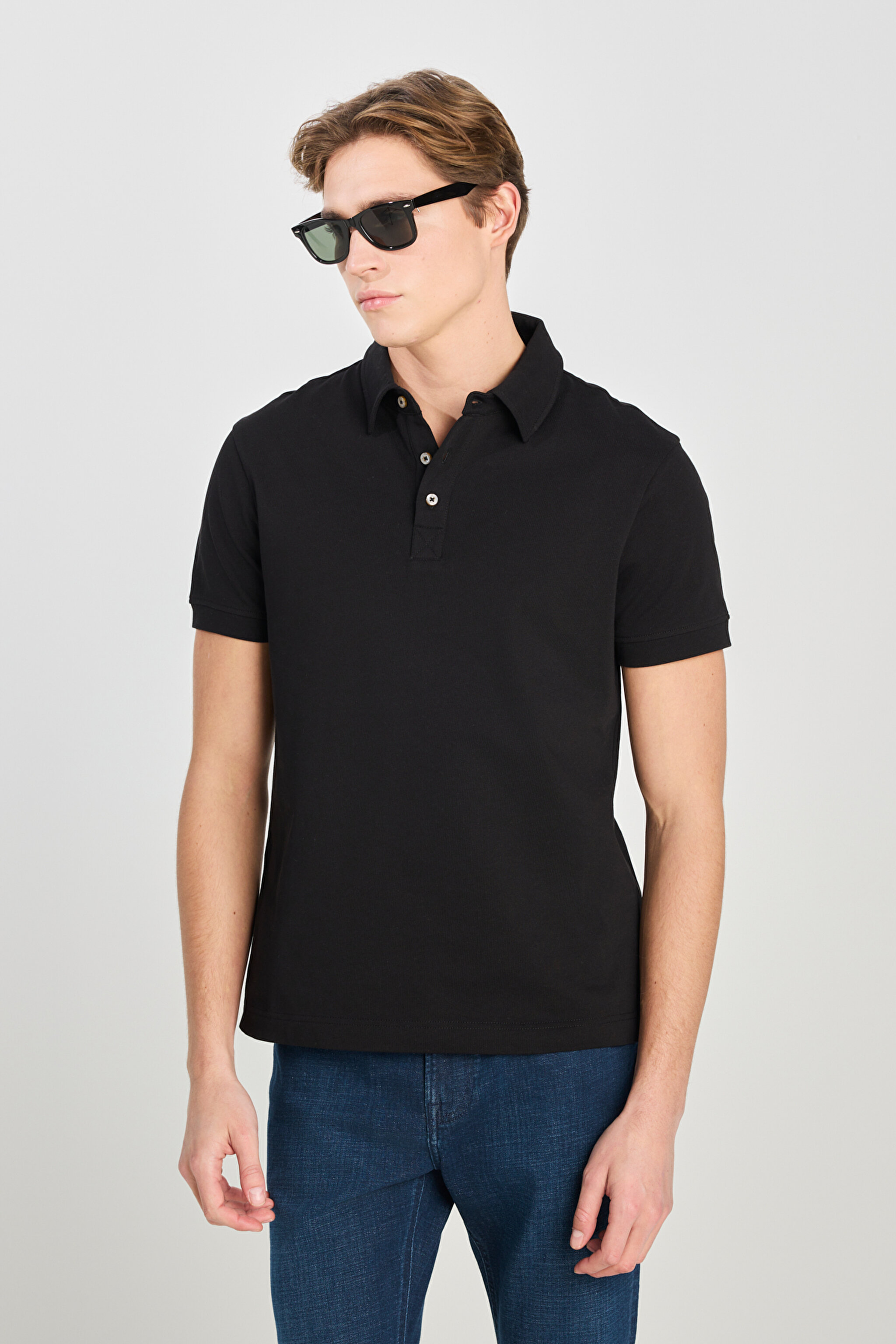 %100 Pamuk Regular Fit Normal Kesim Siyah Polo Yaka Tişört - Black-L2510123001 (görsel 2)