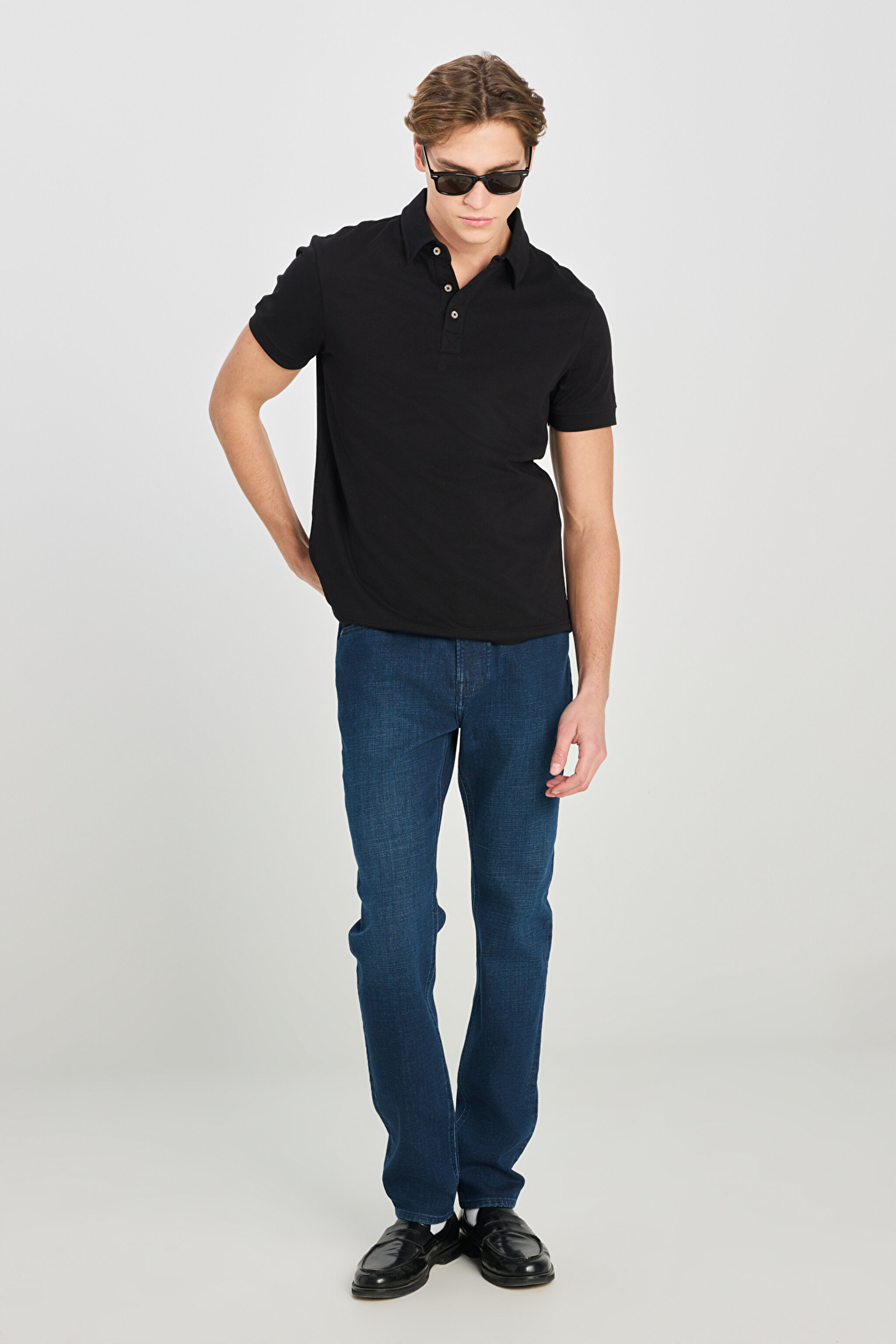 %100 Pamuk Regular Fit Normal Kesim Siyah Polo Yaka Tişört - Black-L2510123001 (görsel 3)