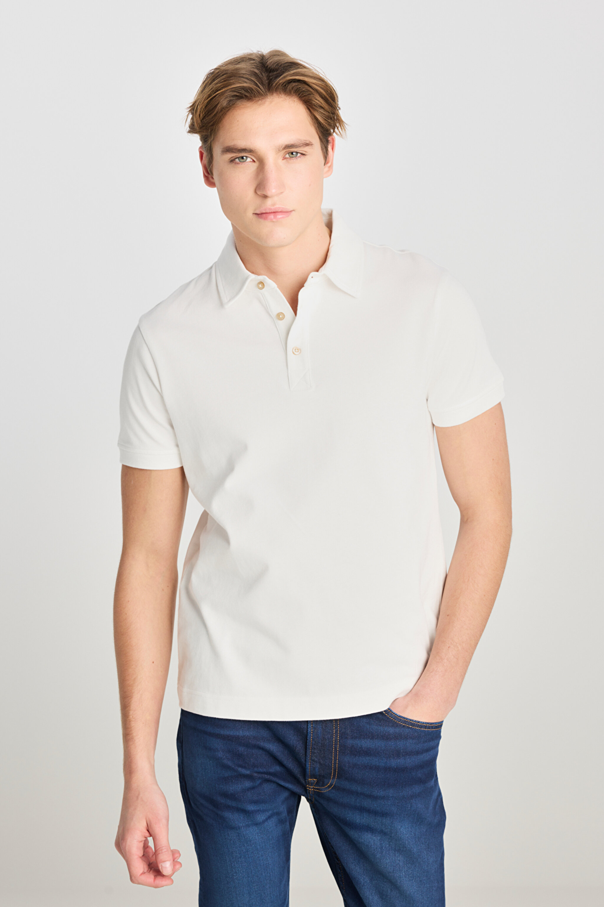 %100 Pamuk Regular Fit Normal Kesim Ekru Polo Yaka Tişört