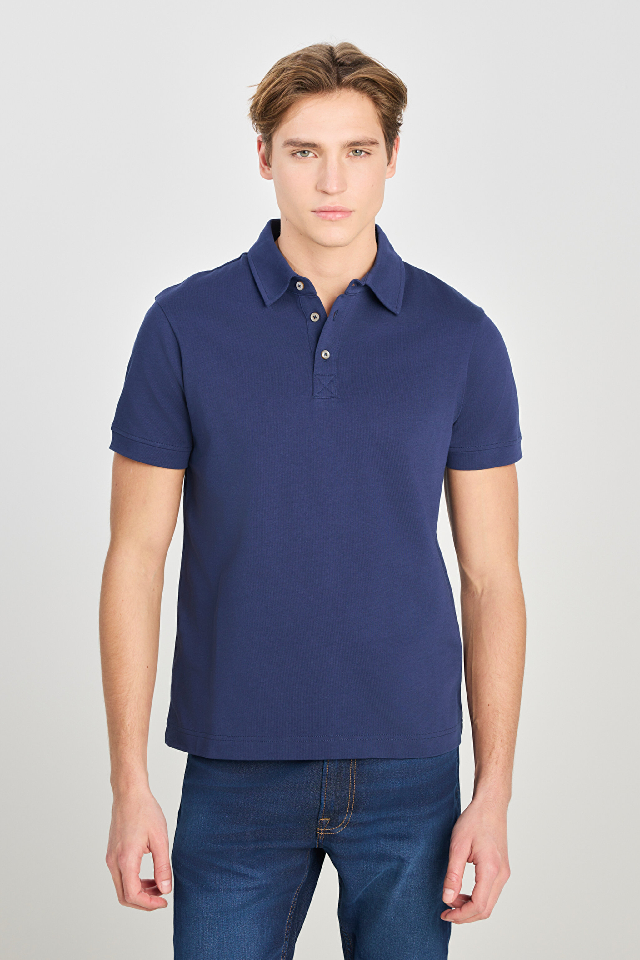 %100 Pamuk Regular Fit Normal Kesim Lacivert Polo Yaka Tişört - Navy-L2510123410