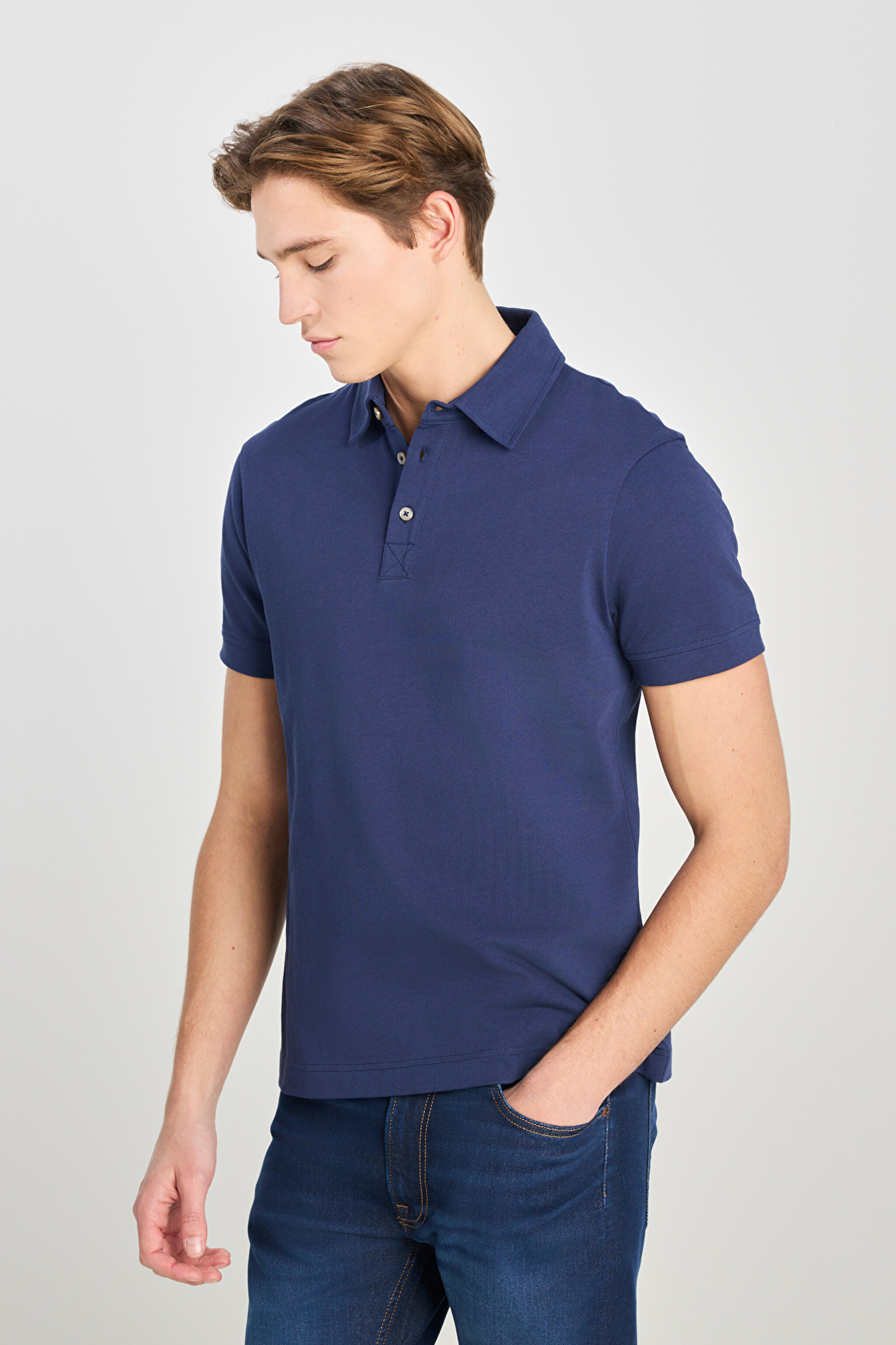 %100 Pamuk Regular Fit Normal Kesim Lacivert Polo Yaka Tişört - Navy-L2510123410 (görsel 2)