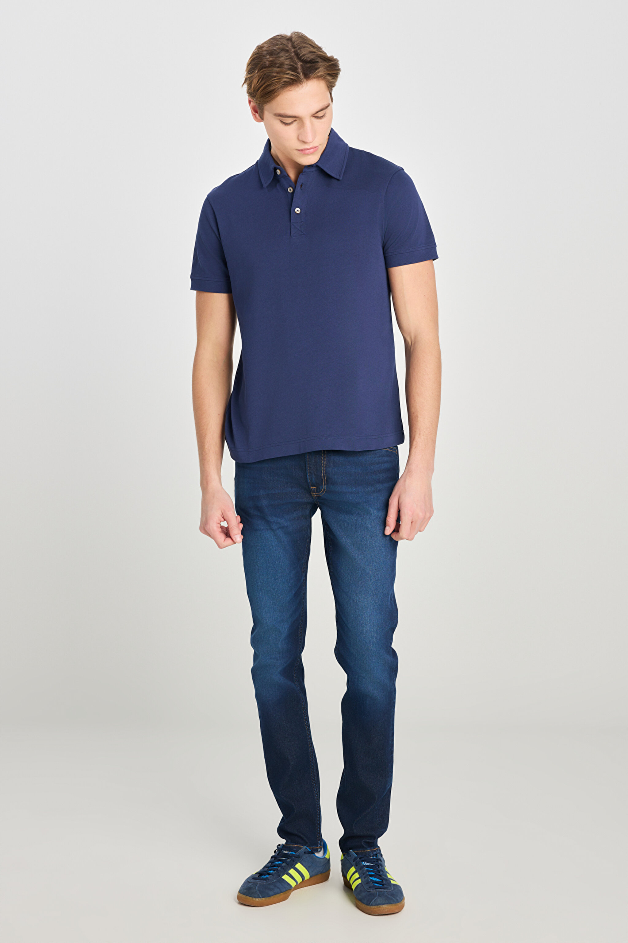 %100 Pamuk Regular Fit Normal Kesim Lacivert Polo Yaka Tişört - Navy-L2510123410 (görsel 3)