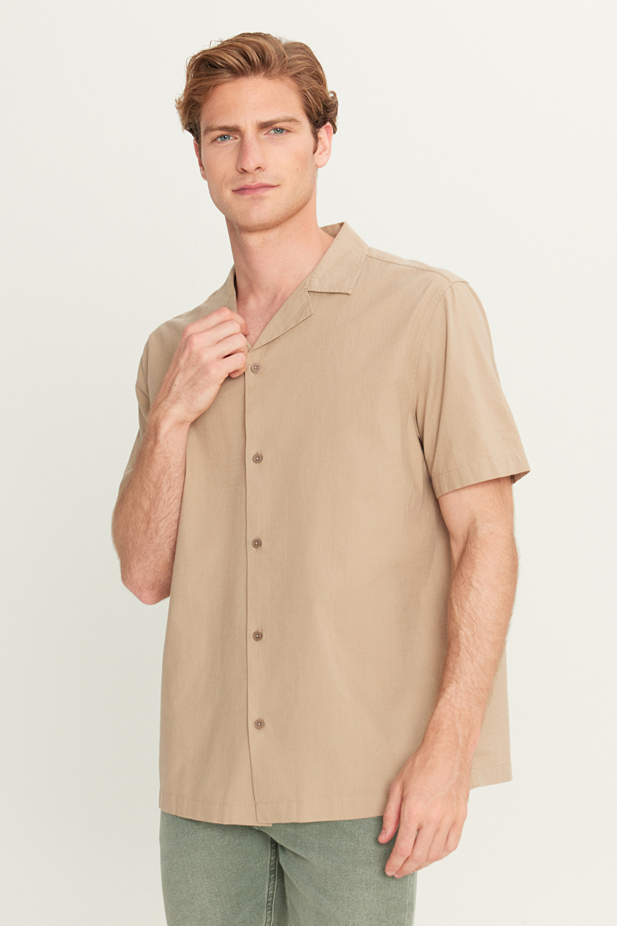 Relaxed Fit Geniş Kesim Pamuk Keten Karışımlı Bej Gömlek