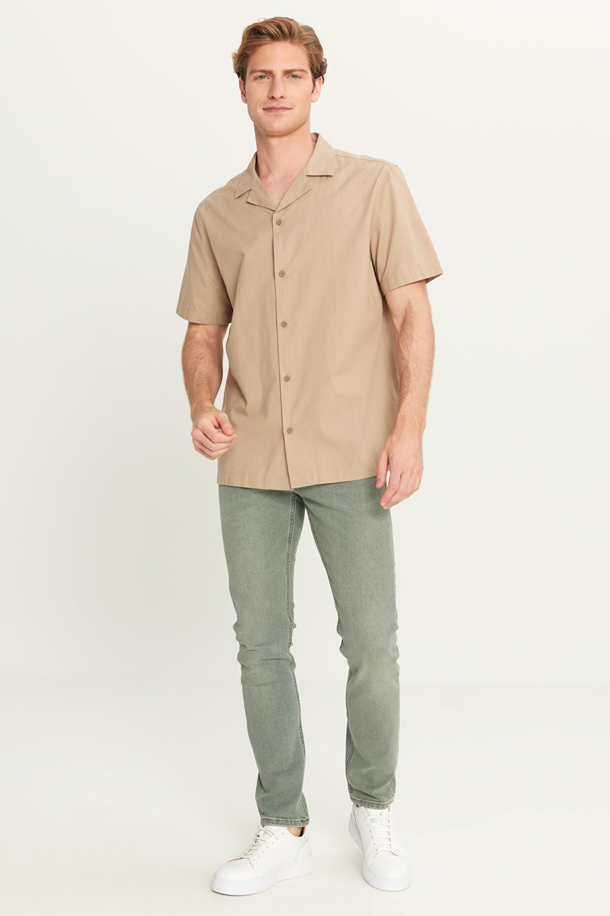 Relaxed Fit Geniş Kesim Pamuk Keten Karışımlı Bej Gömlek - Beige-L2510128614 (görsel 3)