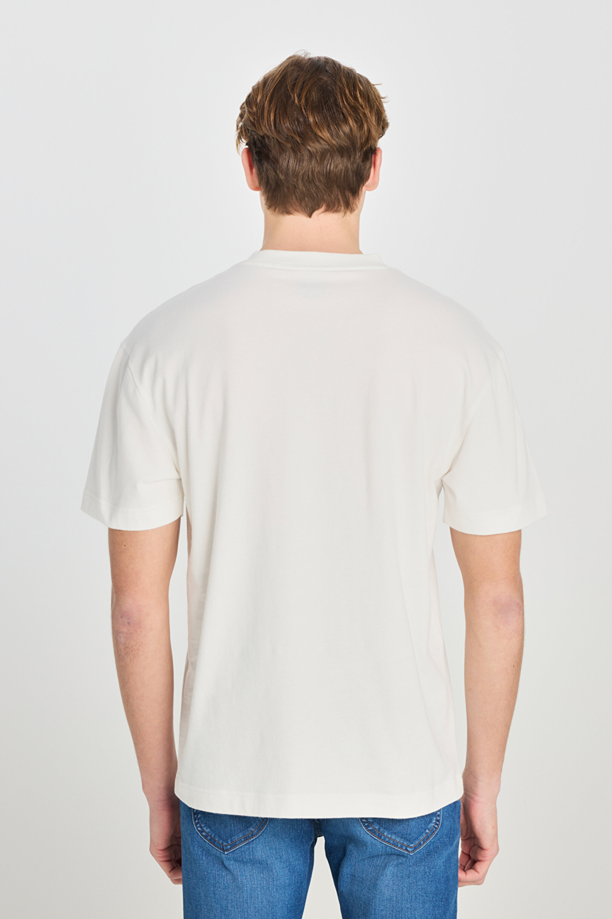 %100 Pamuk Relaxed Fit Geniş Kesim Bisiklet Yaka Baskılı Ekru Tişört - Ecru-L2510146104 (görsel 5)