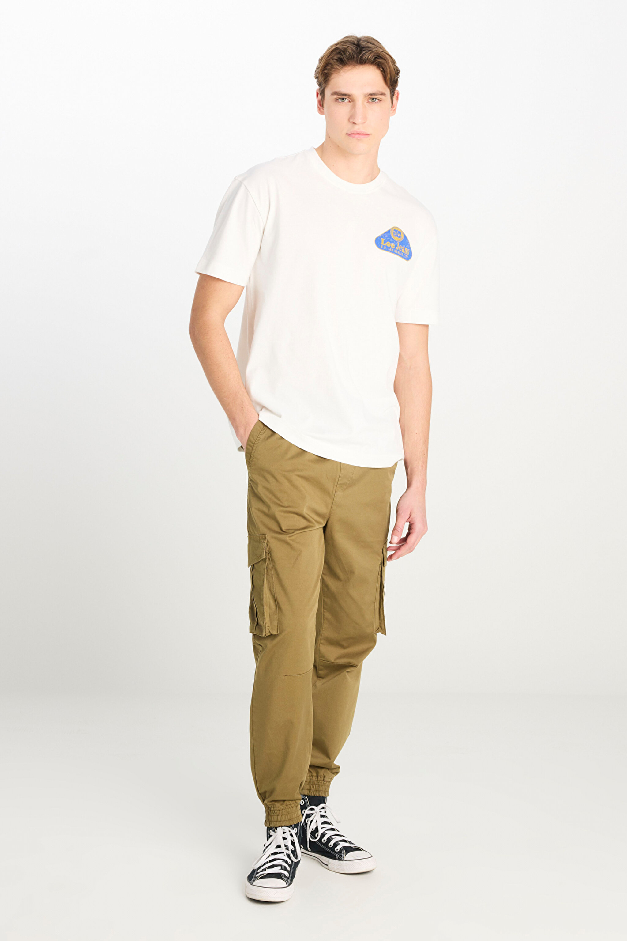 %100 Pamuk Relaxed Fit Geniş Bisiklet Yaka Baskılı Ekru Tişört - Ecru-L2510147104 (görsel 3)