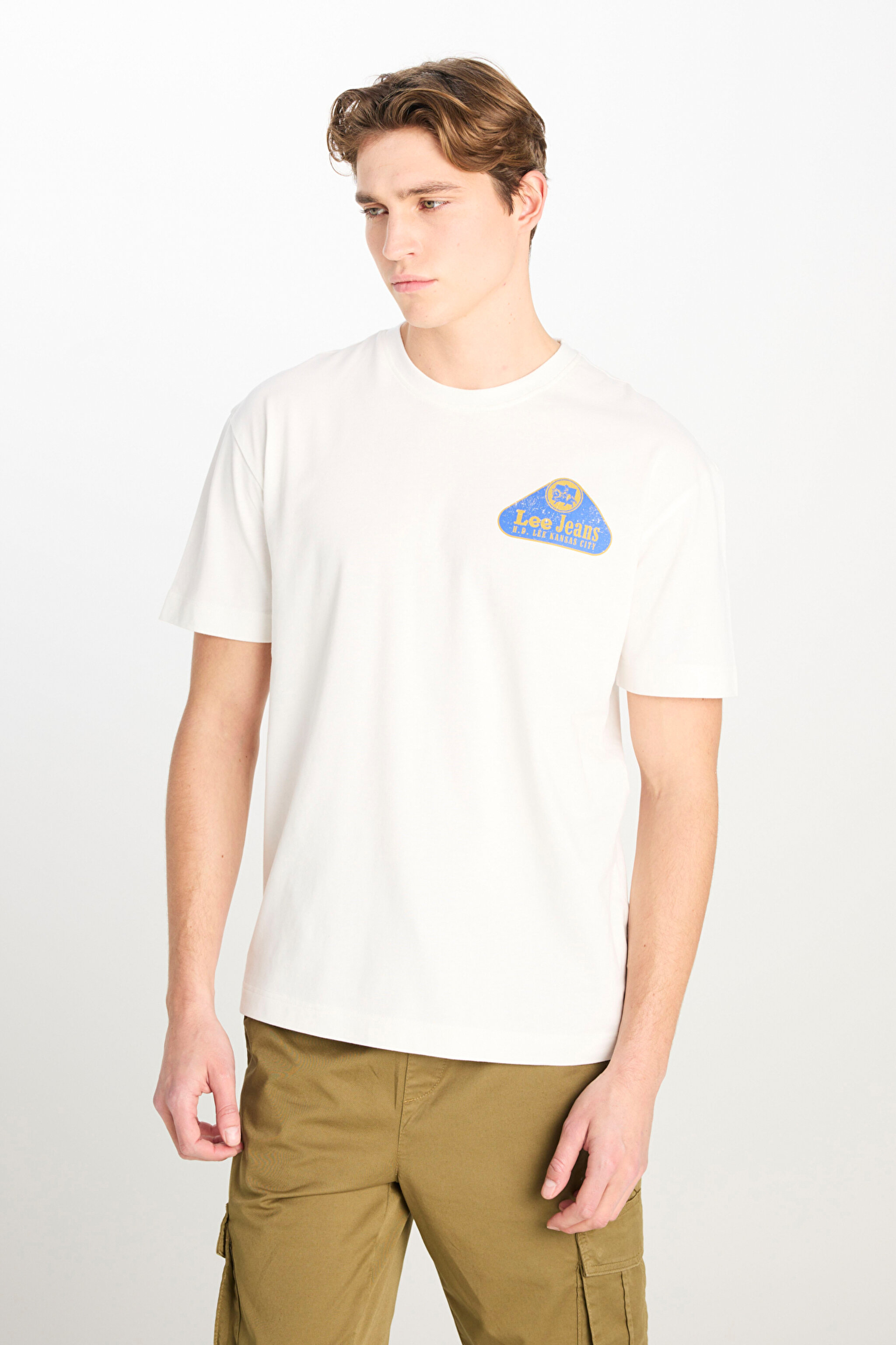 %100 Pamuk Relaxed Fit Geniş Bisiklet Yaka Baskılı Ekru Tişört - Ecru-L2510147104 (görsel 5)