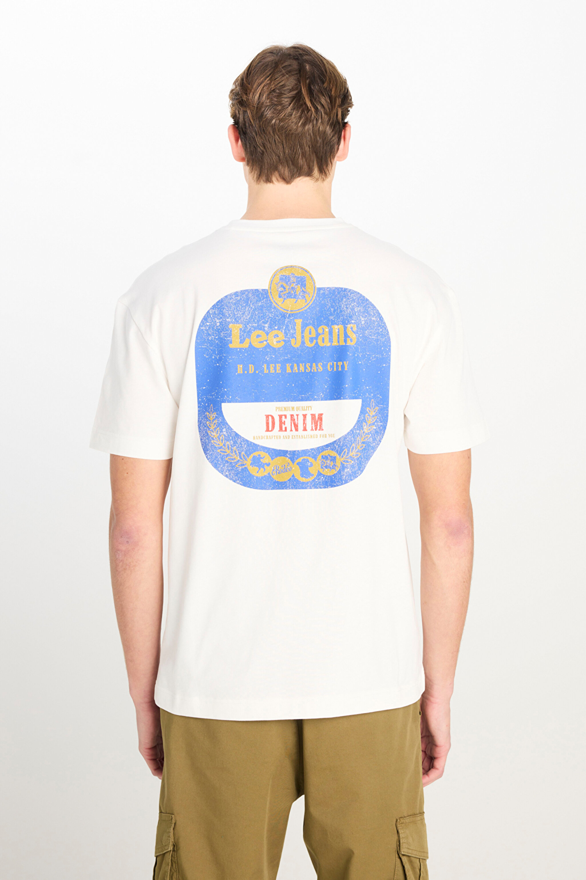 %100 Pamuk Relaxed Fit Geniş Bisiklet Yaka Baskılı Ekru Tişört - Ecru-L2510147104 (görsel 6)