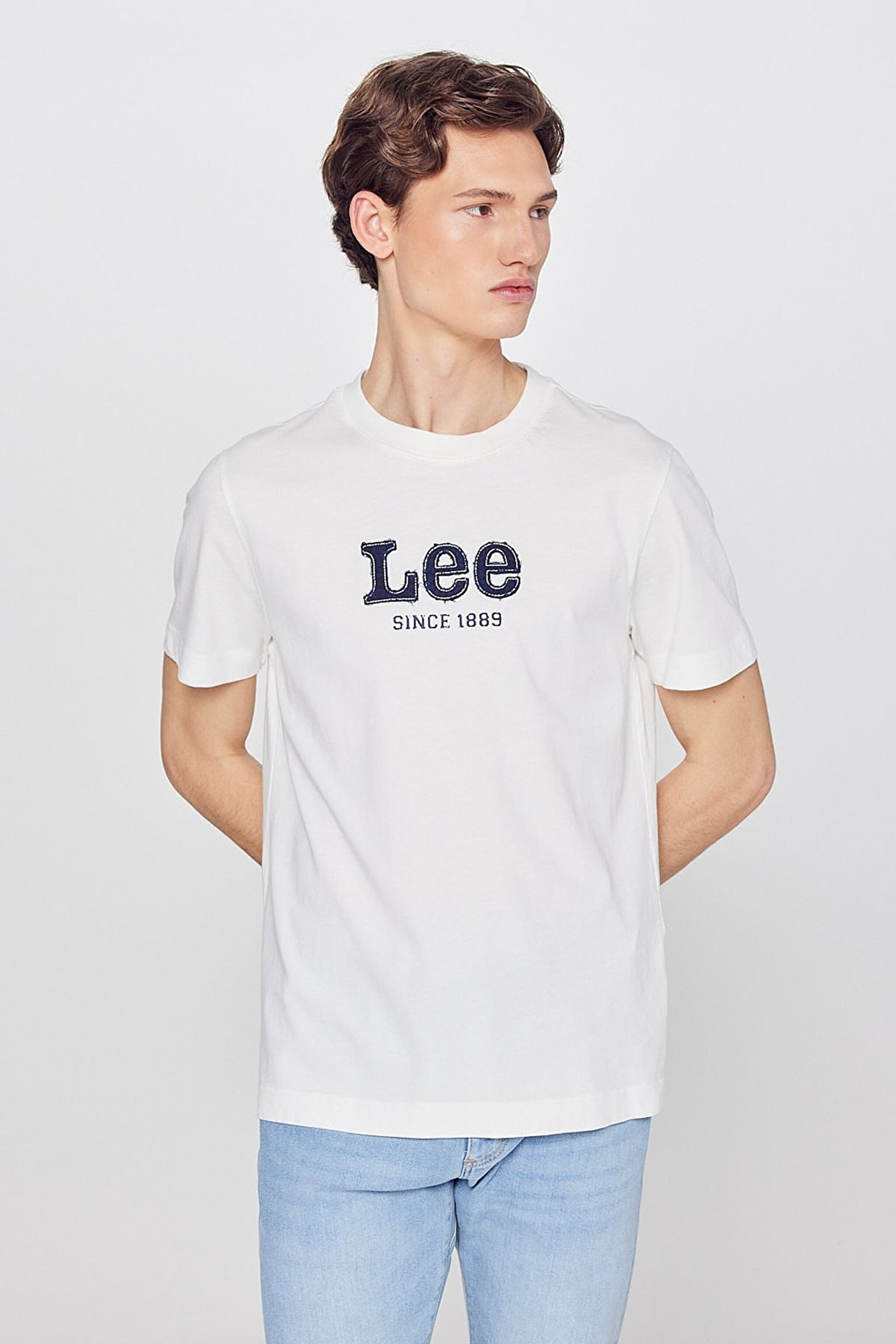 %100 Pamuk Regular Fit Normal Kesim Aplikeli Ekru Tişört - Ecru-L2510154104 (görsel 2)