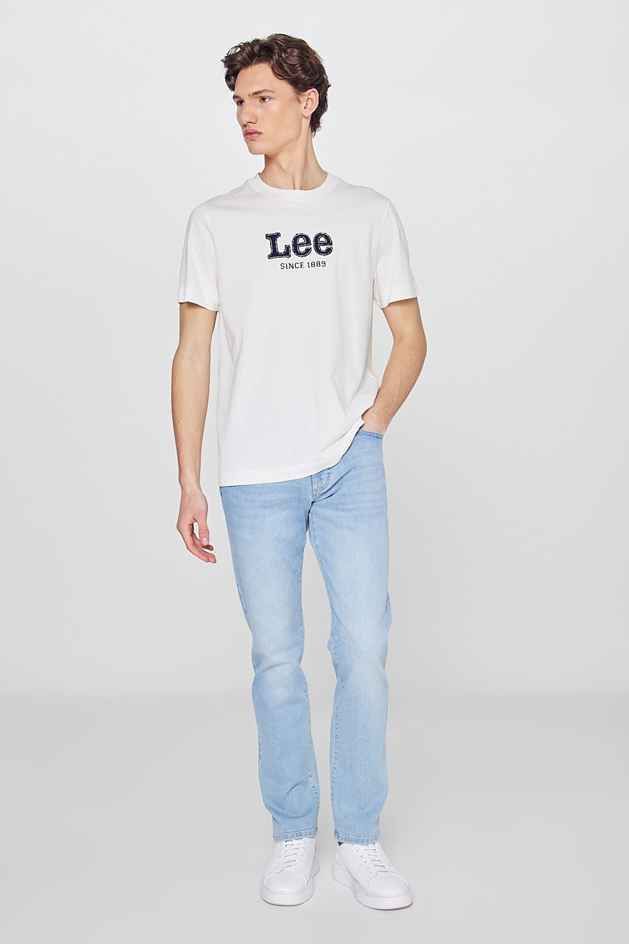 %100 Pamuk Regular Fit Normal Kesim Aplikeli Ekru Tişört - Ecru-L2510154104 (görsel 3)