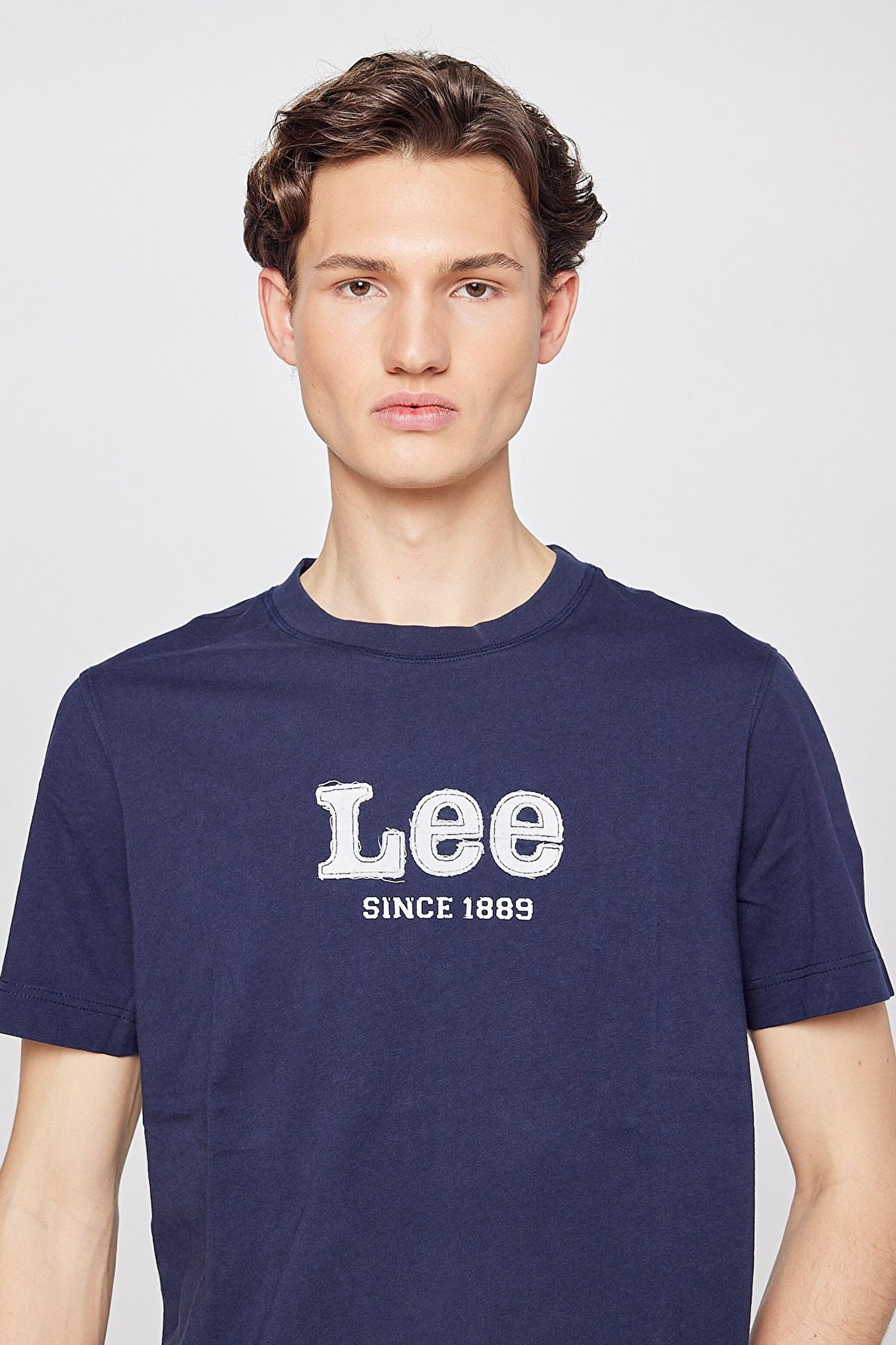 %100 Pamuk Regular Fit Normal Kesim Bisiklet Yaka Aplikeli Tişört - Navy-L2510154410 (görsel 4)