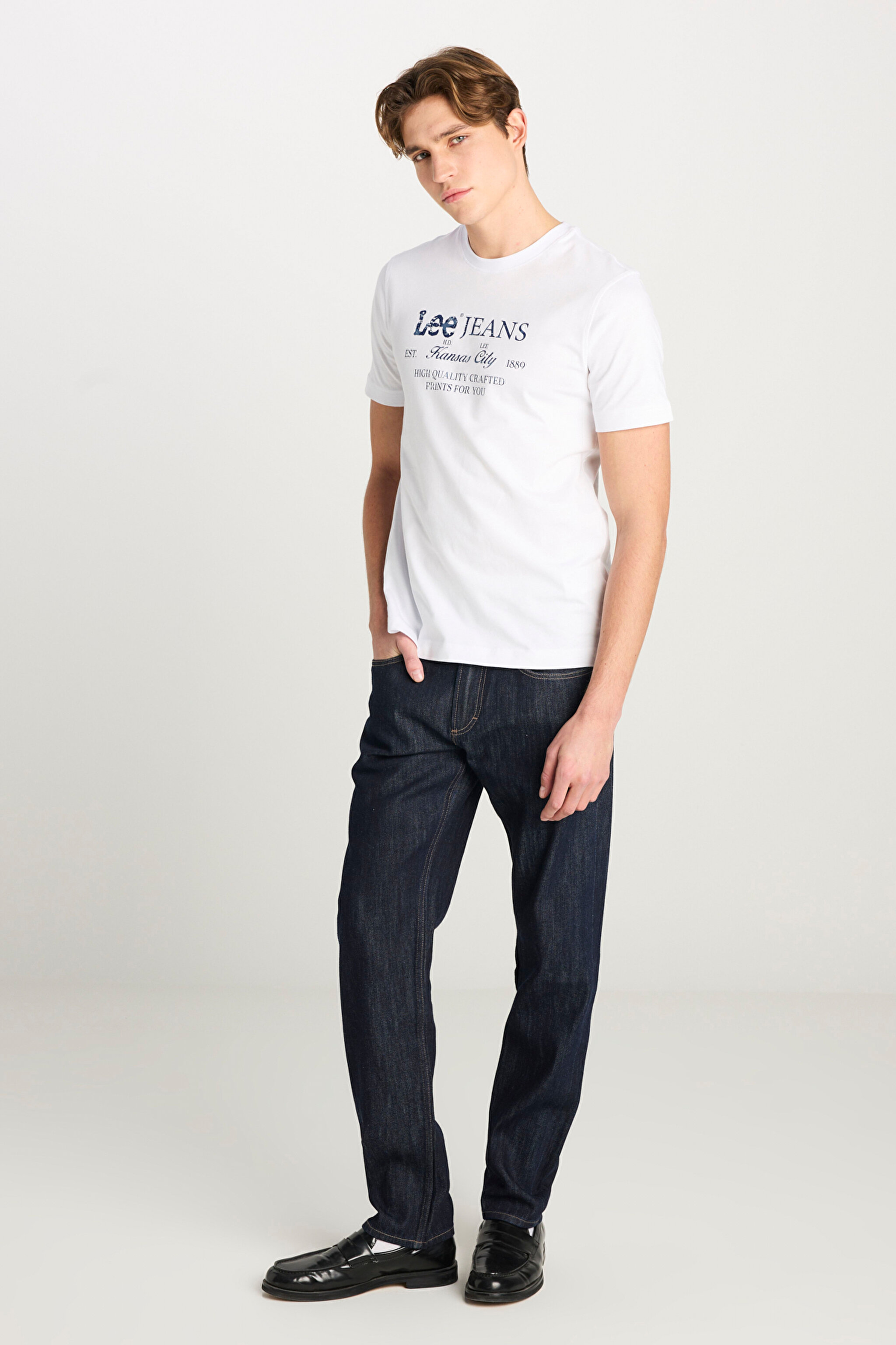 %100 Pamuk Regular Fit Normal Kesim Bisiklet Yaka Beyaz Baskılı Tişört - White-L2510172100 (görsel 3)