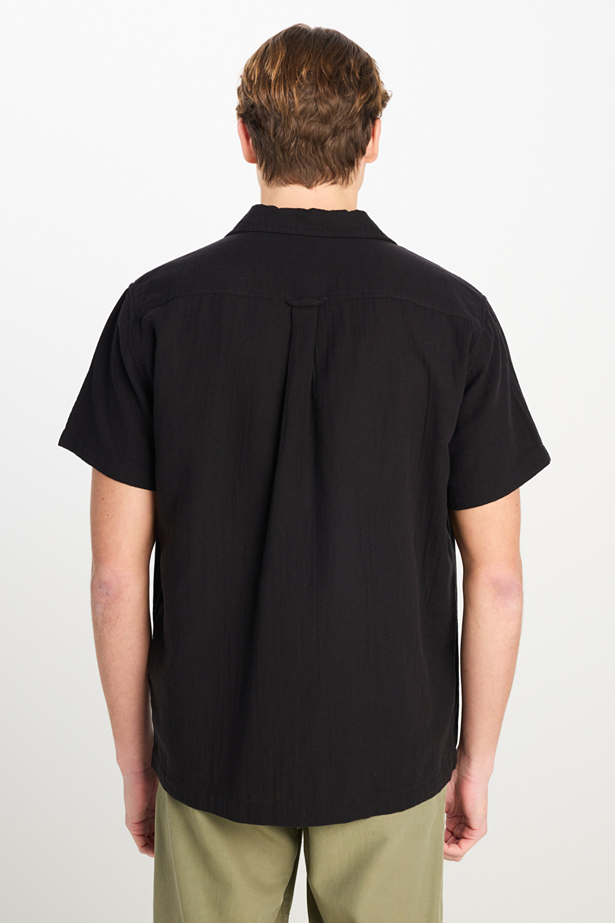 %100 Pamuk Relaxed Fit Geniş Kesim Siyah Müslin Gömlek - Black-L2510207001 (görsel 6)
