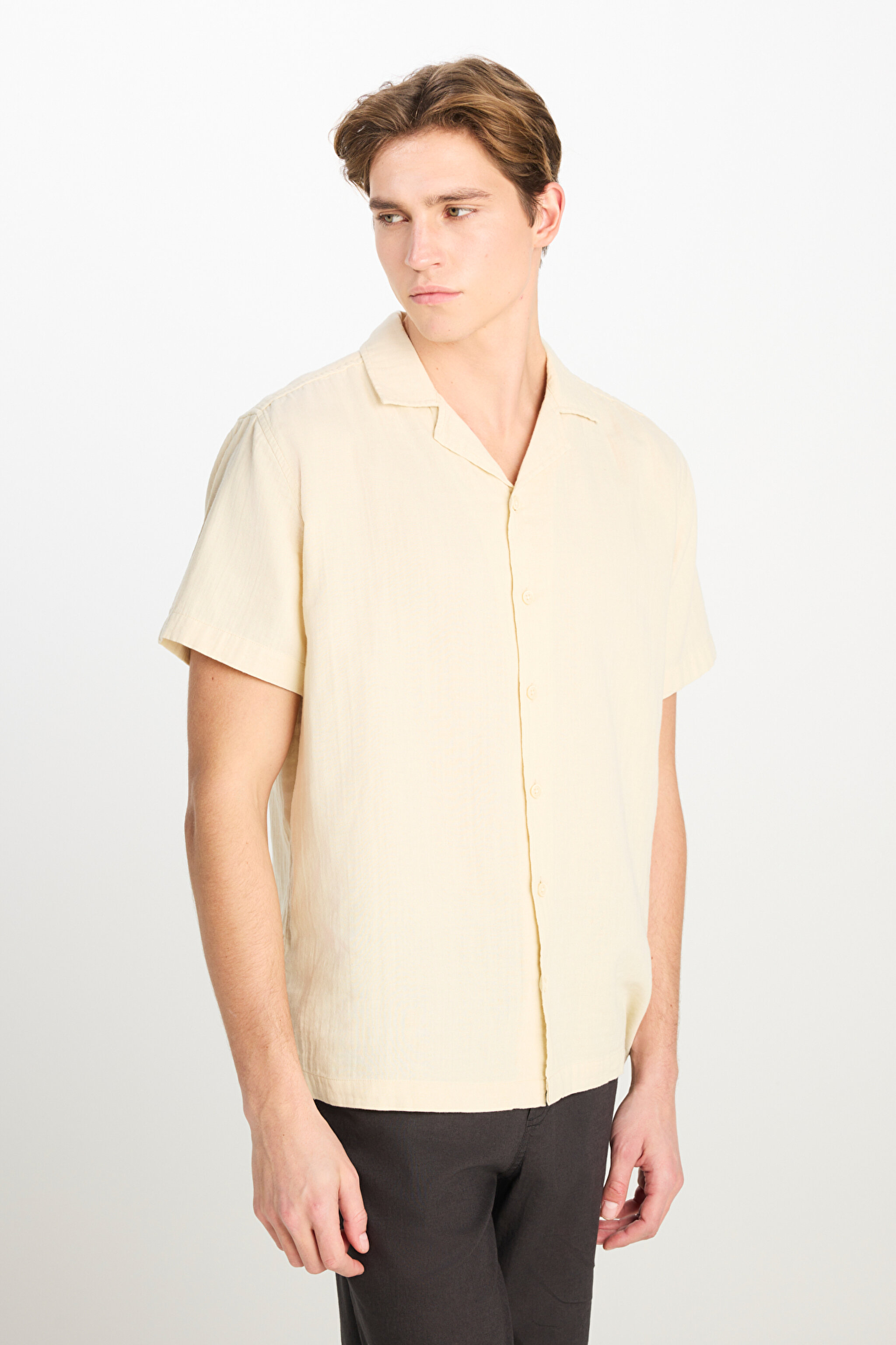 %100 Pamuk Relaxed Fit Geniş Kesim Ekru Müslin Gömlek - Off White-L2510207102 (görsel 2)