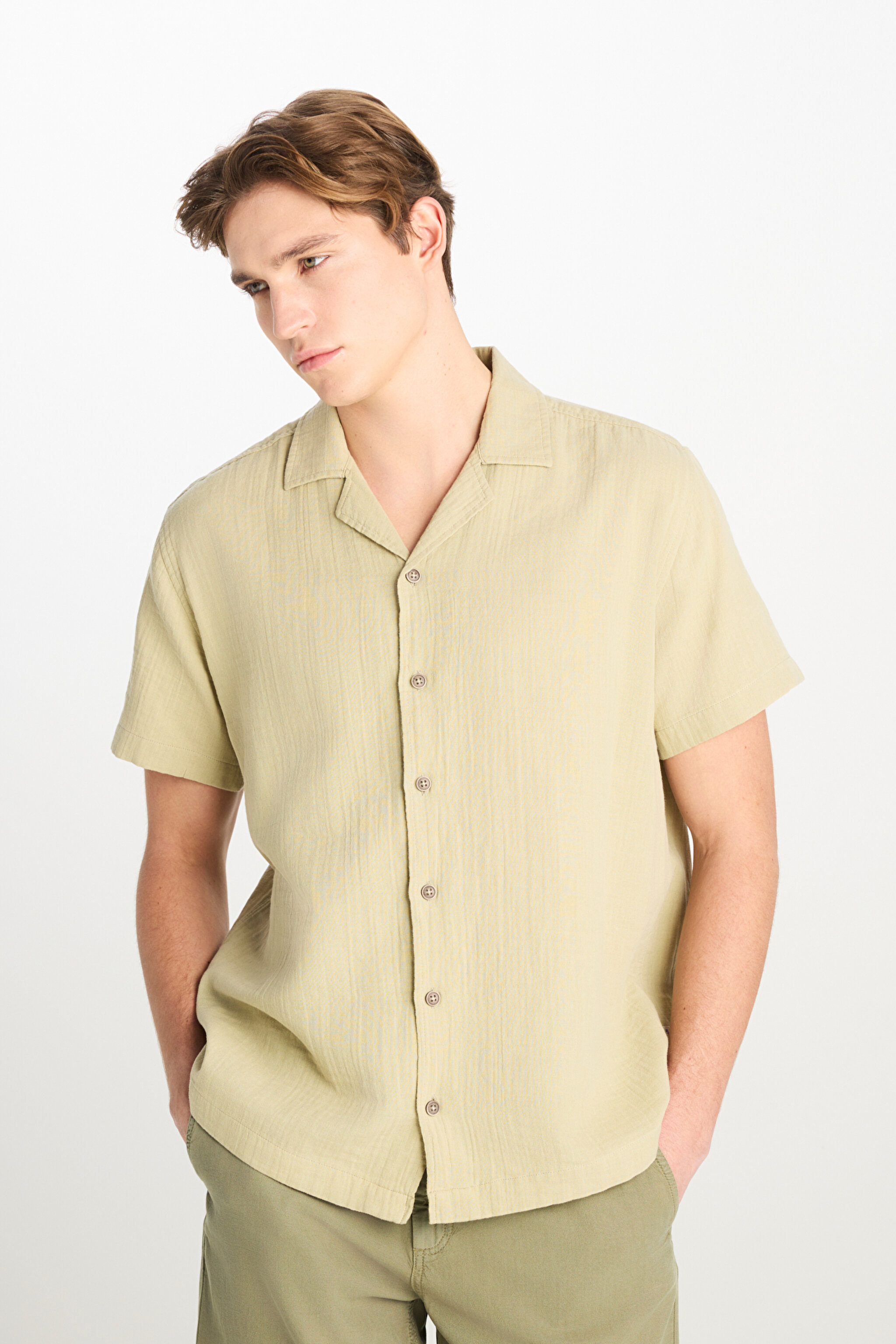 %100 Pamuk Relaxed Fit Geniş Kesim Açık Yeşil Müslin Gömlek - Light Green-L2510207299 (görsel 2)