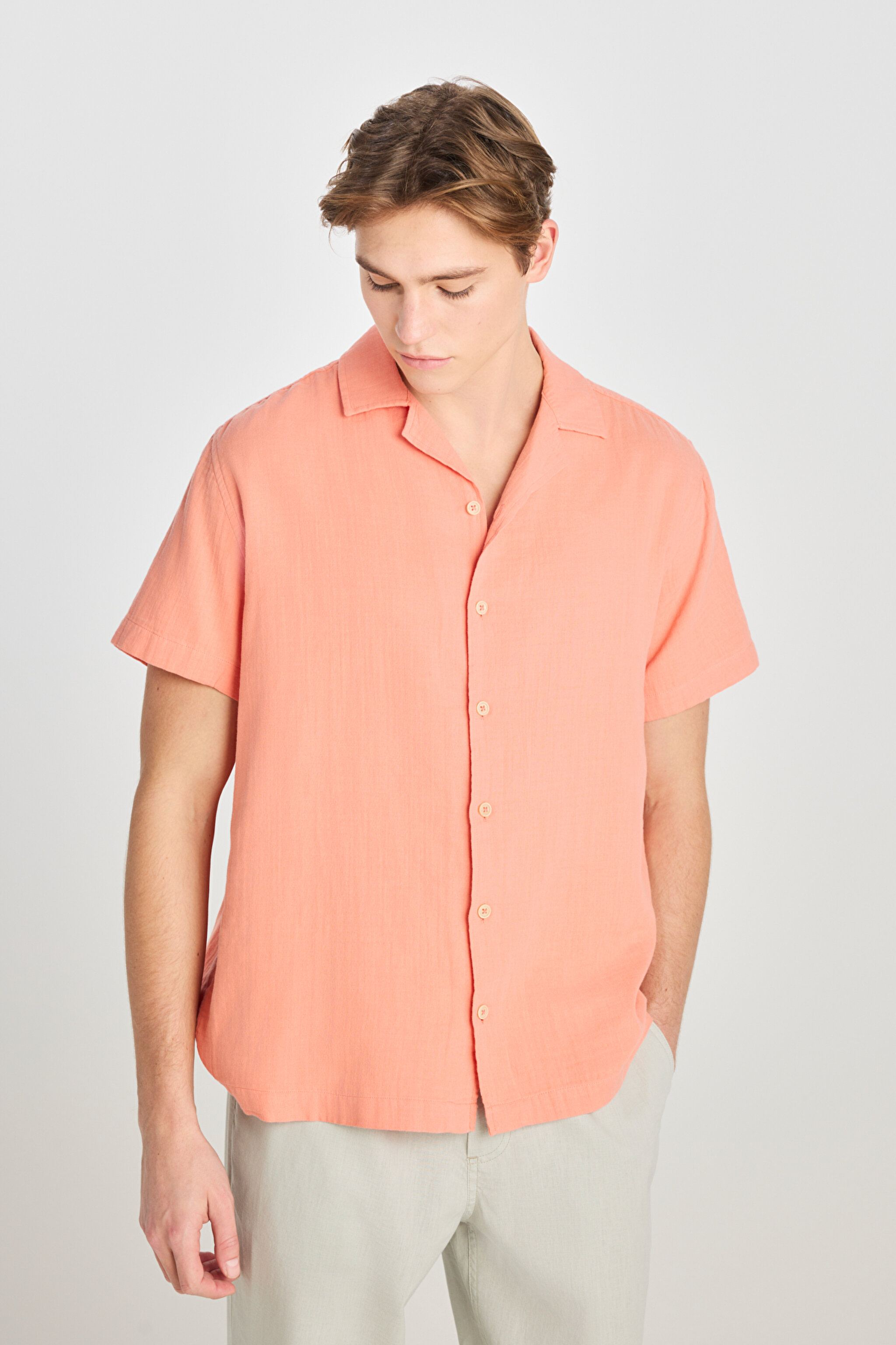 %100 Pamuk Relaxed Fit Geniş Kesim Mercan Rengi Müslin Gömlek - DarkCoral-L2510207828 (görsel 2)