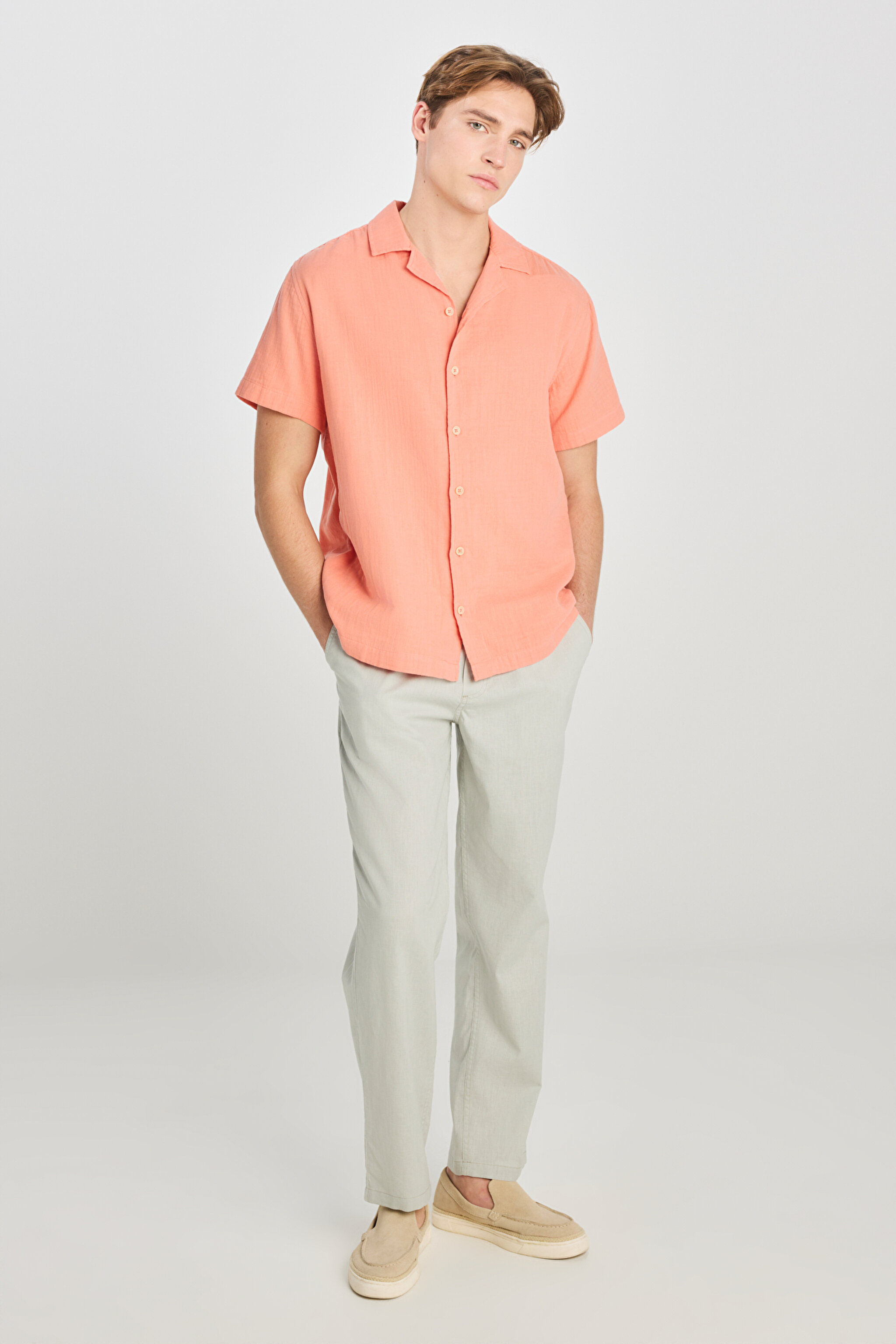 %100 Pamuk Relaxed Fit Geniş Kesim Mercan Rengi Müslin Gömlek - DarkCoral-L2510207828 (görsel 3)