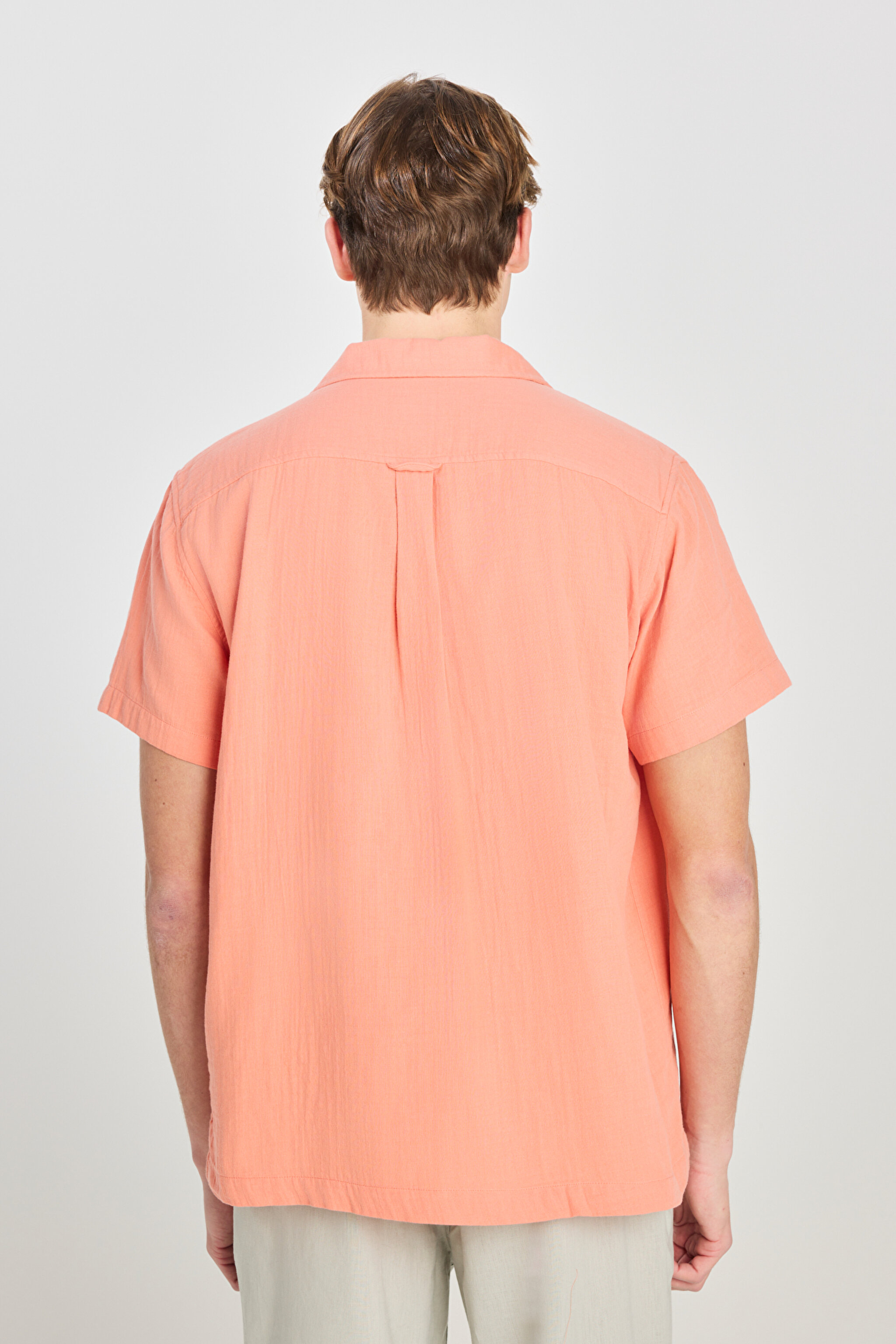%100 Pamuk Relaxed Fit Geniş Kesim Mercan Rengi Müslin Gömlek - DarkCoral-L2510207828 (görsel 5)