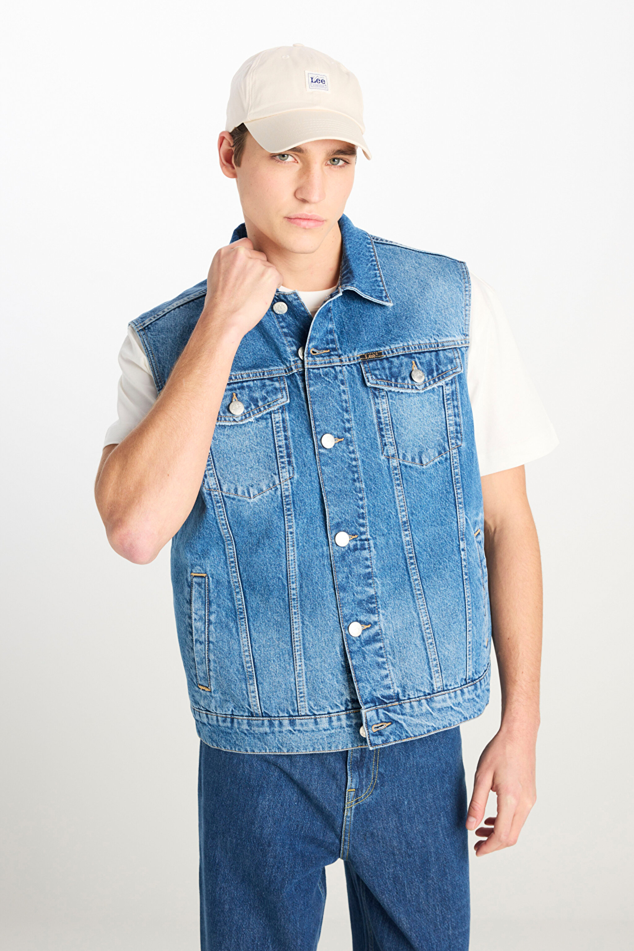 %100 Pamuk Relaxed Fit Geniş Kesim Cep Detaylı Mavi Denim Yelek
