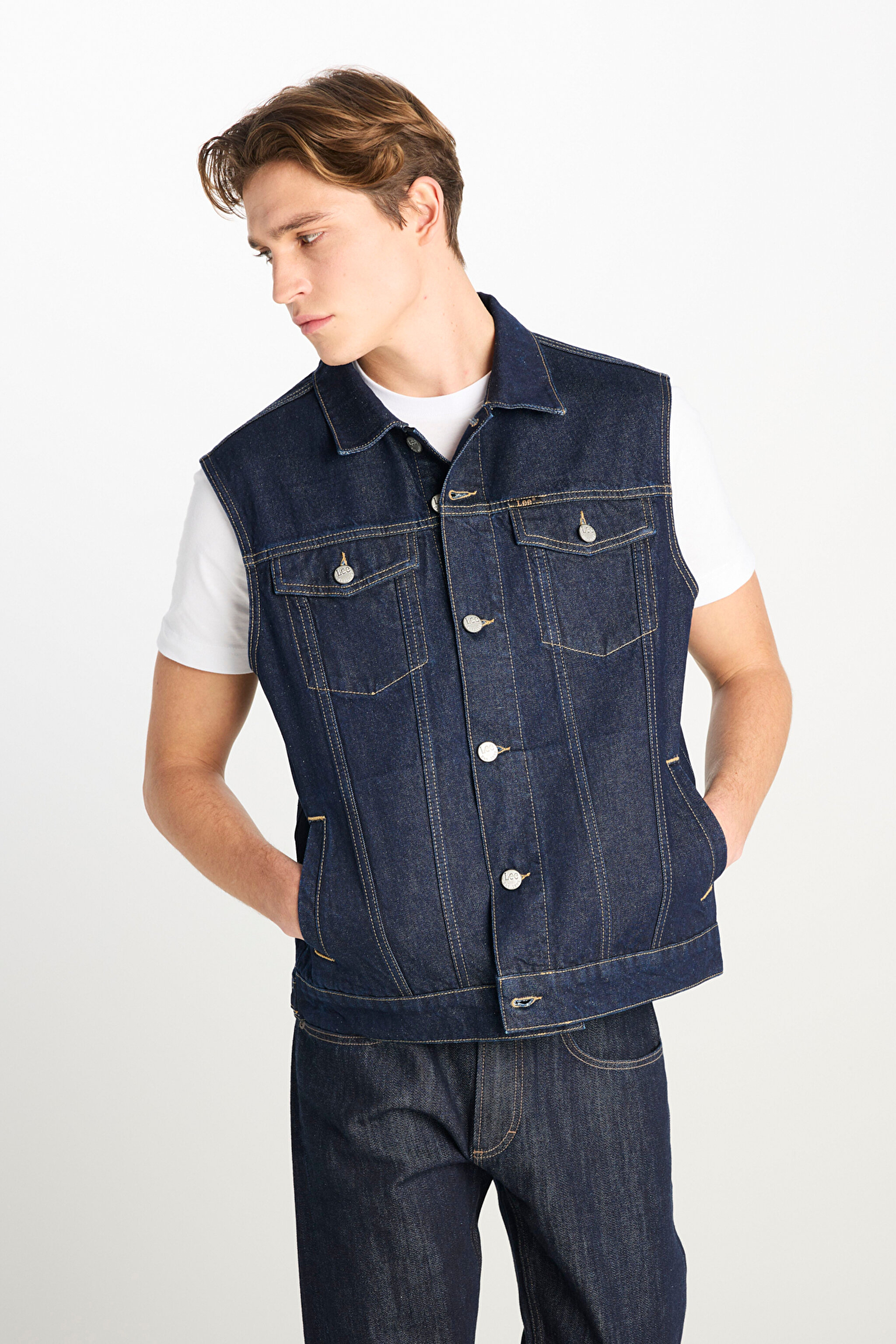 %100 Pamuk Relaxed Fit Geniş Kesim Lacivert Denim Yelek