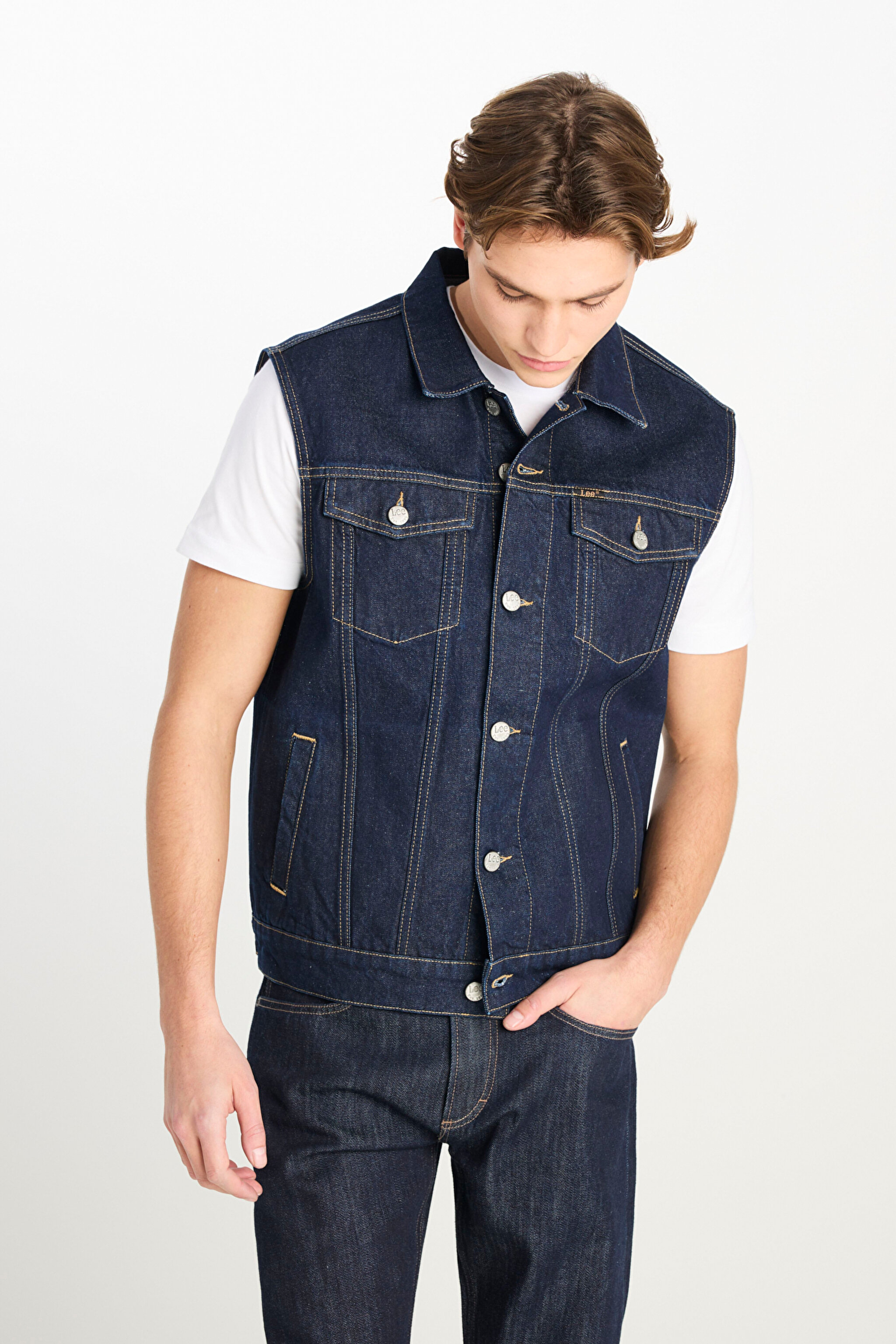 %100 Pamuk Relaxed Fit Geniş Kesim Lacivert Denim Yelek - Raw-L2510255049 (görsel 2)