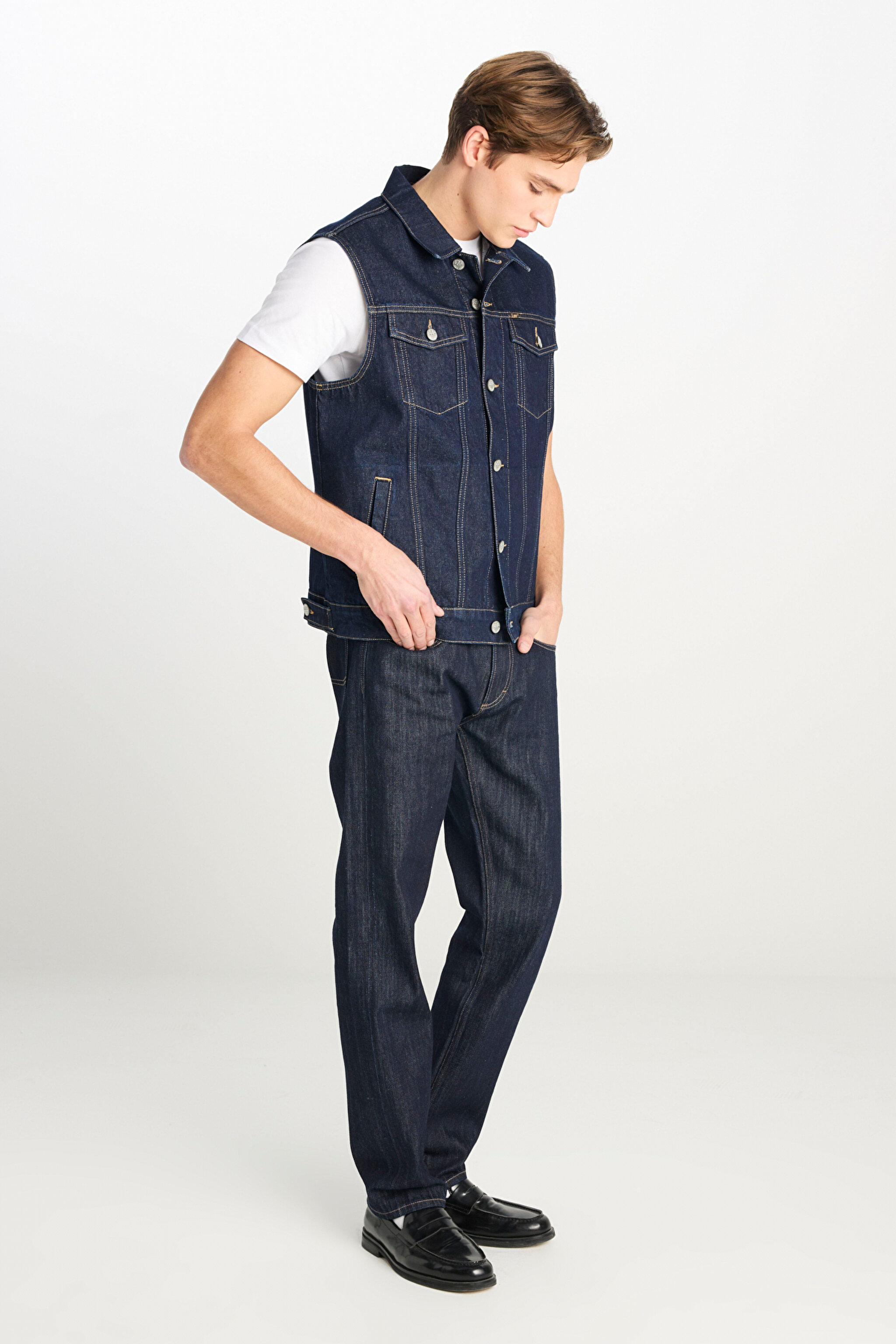 %100 Pamuk Relaxed Fit Geniş Kesim Lacivert Denim Yelek - Raw-L2510255049 (görsel 3)