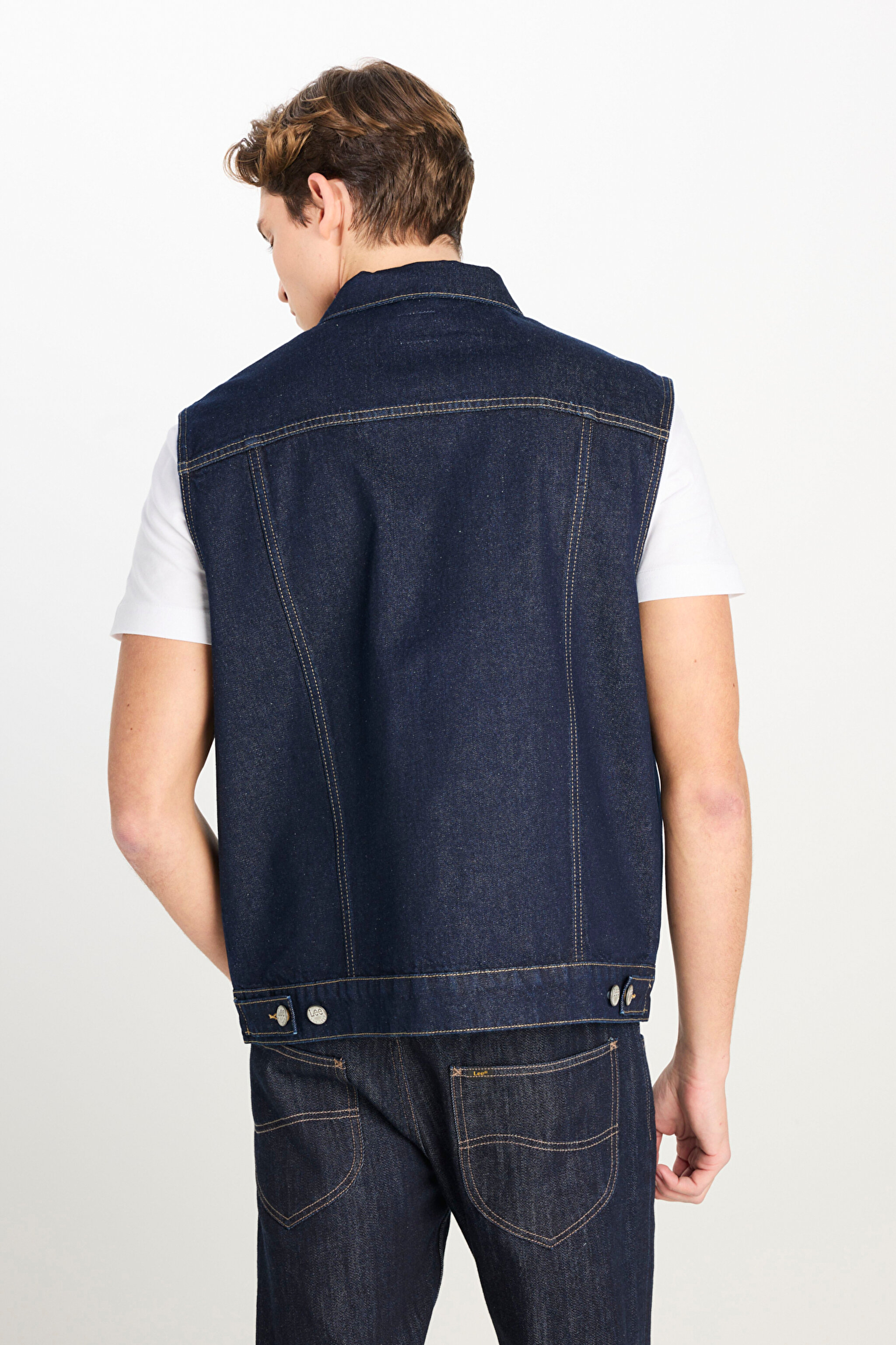 %100 Pamuk Relaxed Fit Geniş Kesim Lacivert Denim Yelek - Raw-L2510255049 (görsel 5)