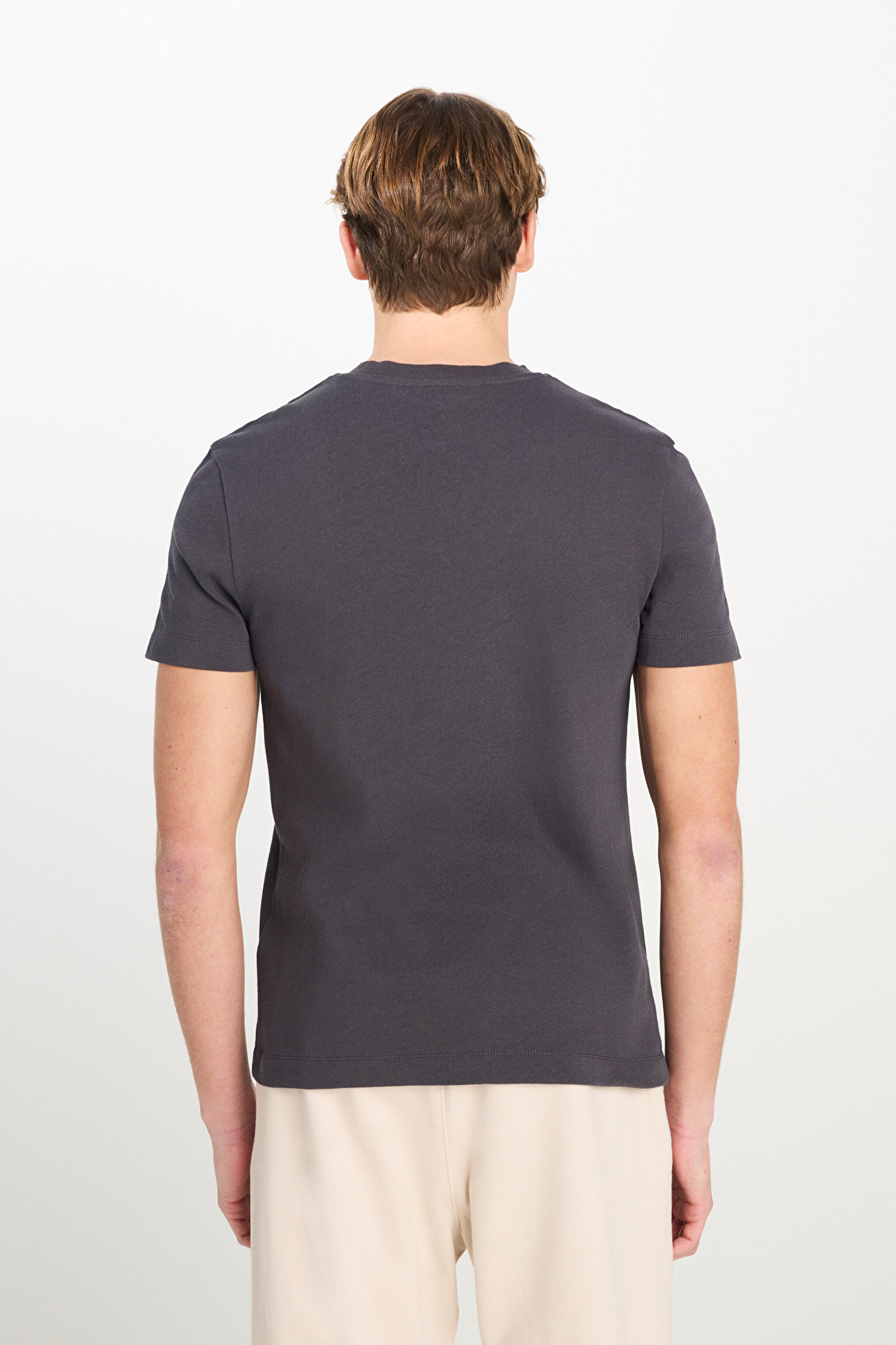 %100 Pamuk Relaxed Fit Geniş Ksim Bisiklet Yaka Antrasit Basic Tişört - Anthracite-L2510275003 (görsel 5)