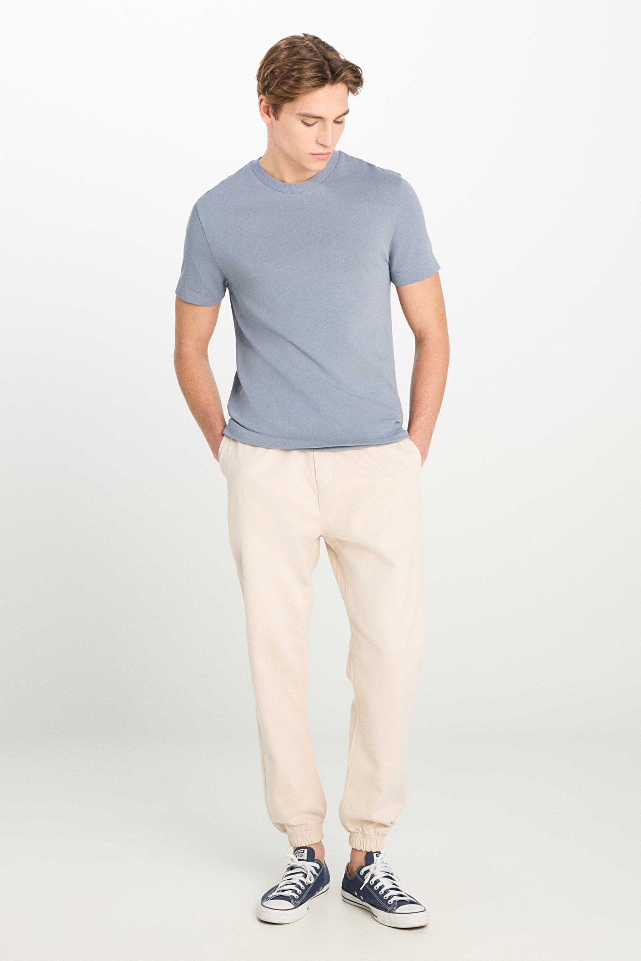 %100 Pamuk Relaxed Fit Geniş Kesim Bisiklet Yaka Mavi Basic Tişört - Blue-L2510275400 (görsel 3)