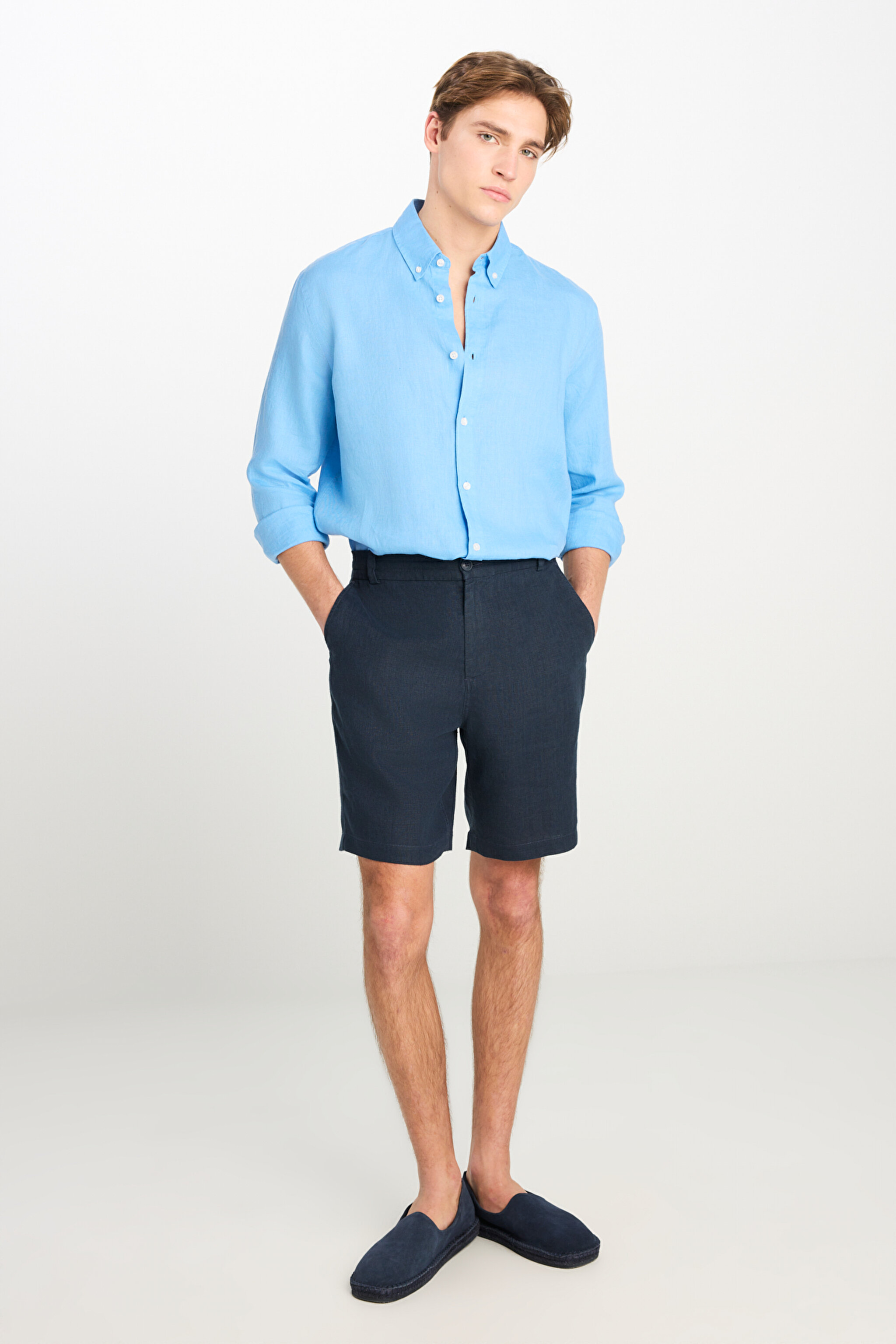 %100 Keten Regular Fit Normal Kesim Lastik Bel Detaylı Mavi Şort - Blue-L2510300400