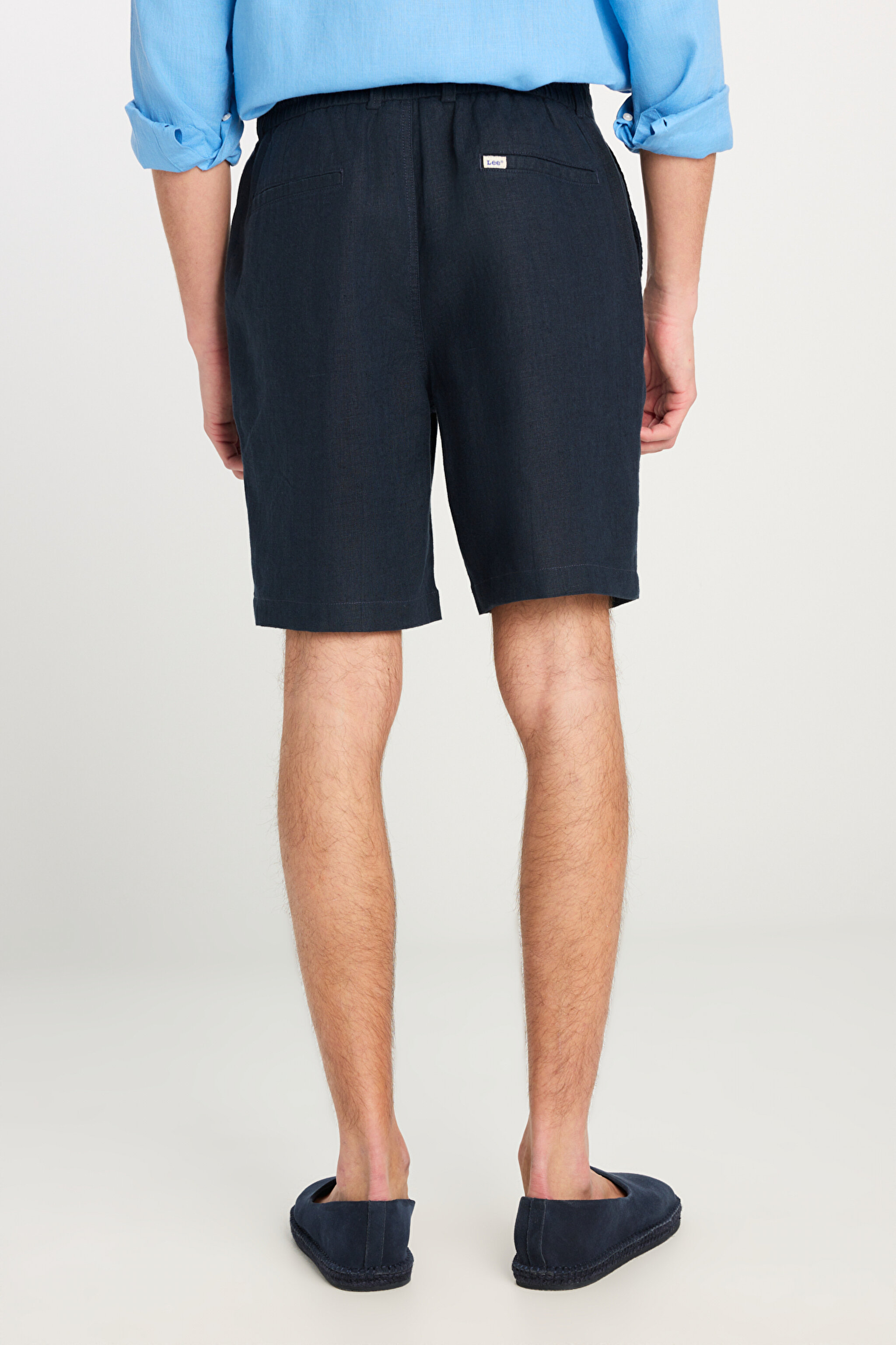 %100 Keten Regular Fit Normal Kesim Lastik Bel Detaylı Mavi Şort - Blue-L2510300400 (görsel 4)